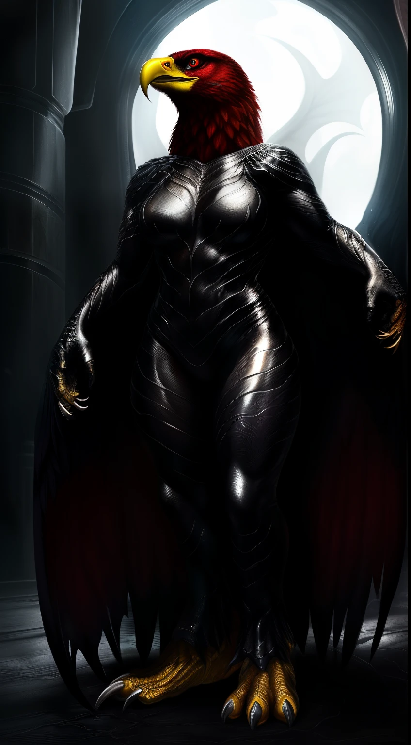 (Best Quality,Ultra-detailed,Realistic:1.37)、anthology、 ferocious eagle、 Solo, Woman's, Atrocious、cruel、offensive、Evil face、sharp beak、sharp claws、Detailed red eyes, Standing,large wings、alien symbiote,feathered body、 Horror movie lighting、(Full body:1.8)