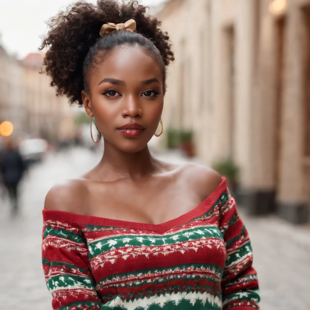 ((Very Dark African skin, Very deep ebony skin)), ((Its beauty undeniable)), ((Excited cute face)), ((Hyper detailed perfect eyes,)), ((pose mignonne)), ((Langue sortie)), ((Seductive )), sexy, (( Warm oversized Christmas sweater ), shorts courts sexy)), ((Afro ponytail with long African curly hair,)), (( peau)), ((debout, vue de dos)), ((toucher ses propres jambes dans une pose sexy)), ((dehors, Ville publique)), Sharp Focus CGI, photoreallistic, High detail, Realstic, Masterpiece, absurdes, Best quality, Hdr, High quality, high-definition, Extremely detailed, 8k wallpaper, Intricate details, 8K UHD, Full-HD, (photo realist:1.2), contraste, intense illumination, lighting cinematic, natural lighting, hard light, contre-jour, Illumination globale, occlusion ambiante, headshot, wearing comfortable clothes, hanging on the couch in front of the tv