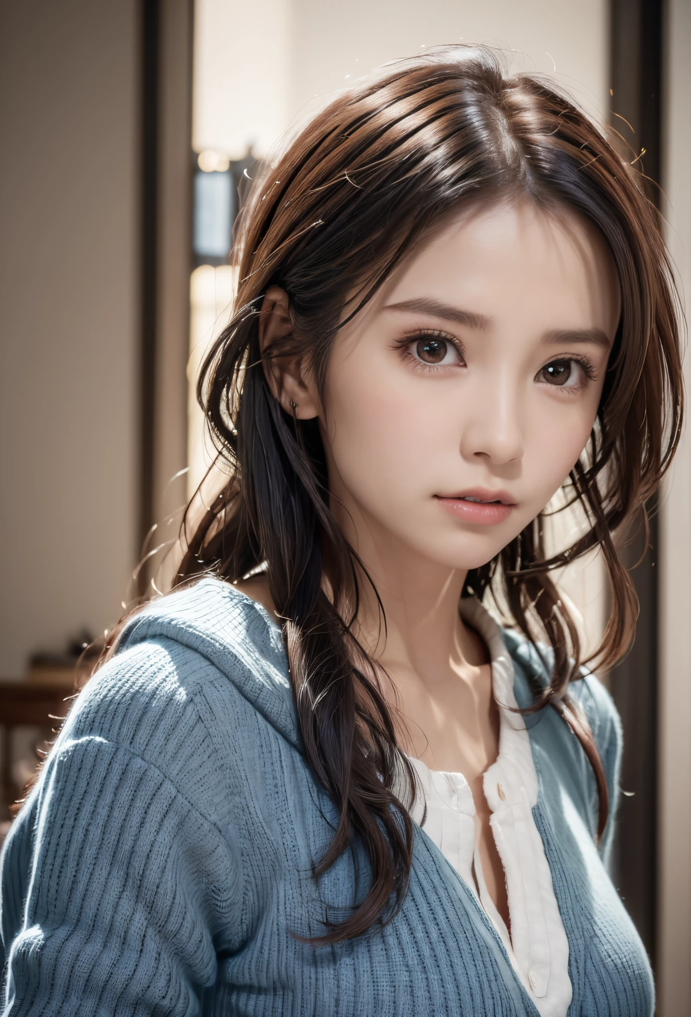 8K, of the highest quality, masutepiece:1.2), (Realistic, Photorealsitic:1.37), of the highest quality, masutepiece, Beautiful young woman, Pensive expression,、A charming、and an inviting look, Oversized knitwear、Hair tied back, Cinematic background, Light skin tone、Ko Shibasaki
