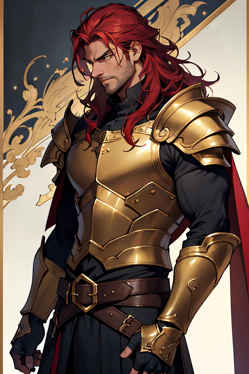 ((best quality)), ((masterpiece)), (detailed), perfect face, a male swordsman who is very handsome, with long red hair, gold painted border surrounding him, looking off in the distance with a mean look on his face, he is wearing highly detailed armor with a long dark cape and a belt, he is also wearing golden gauntlets ornated with crystals,