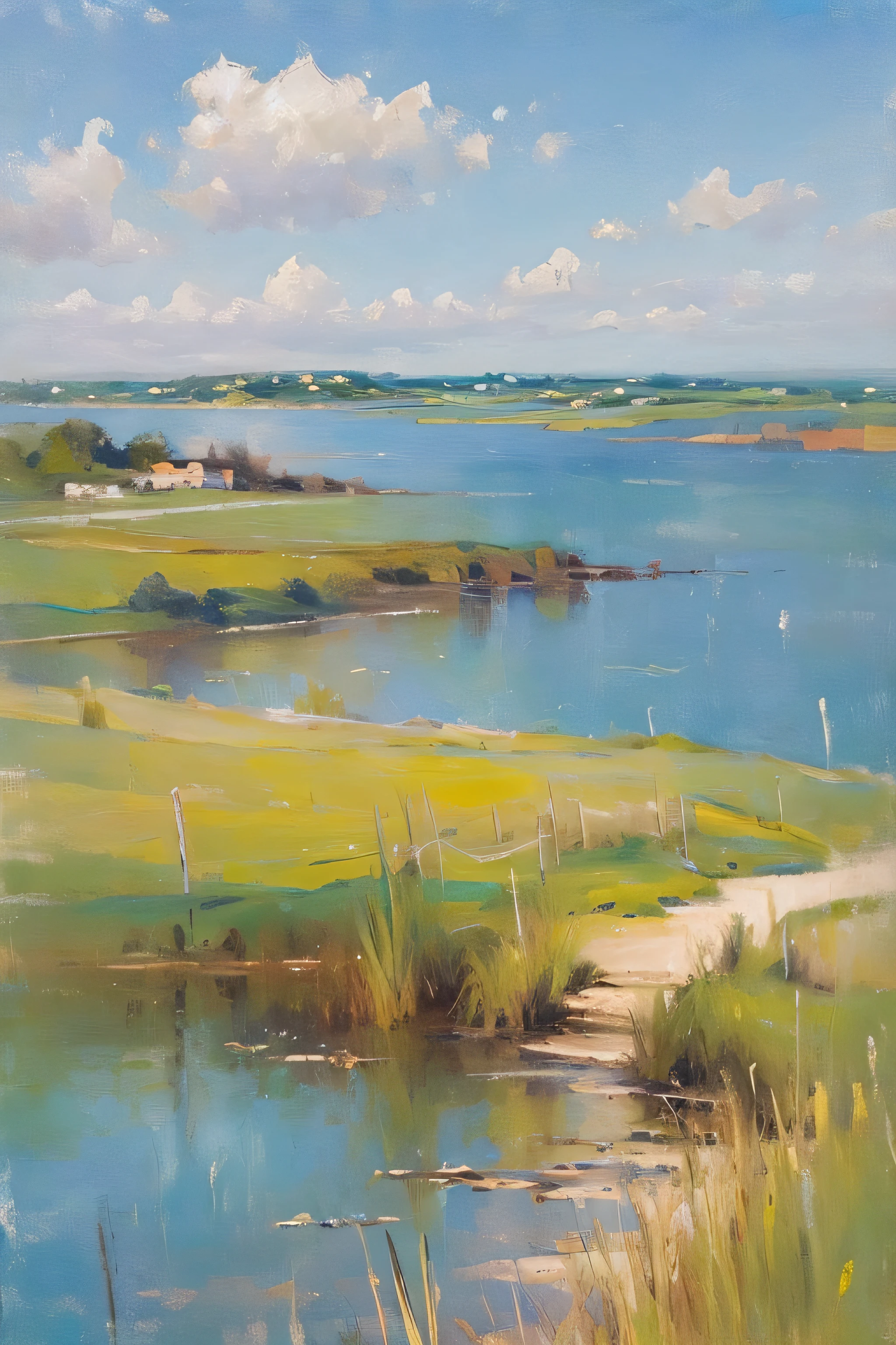 (masterpiece, realistic:1.3),
 estuary, sky, reeds, landscape, oil painting, detailed, 4k texture,