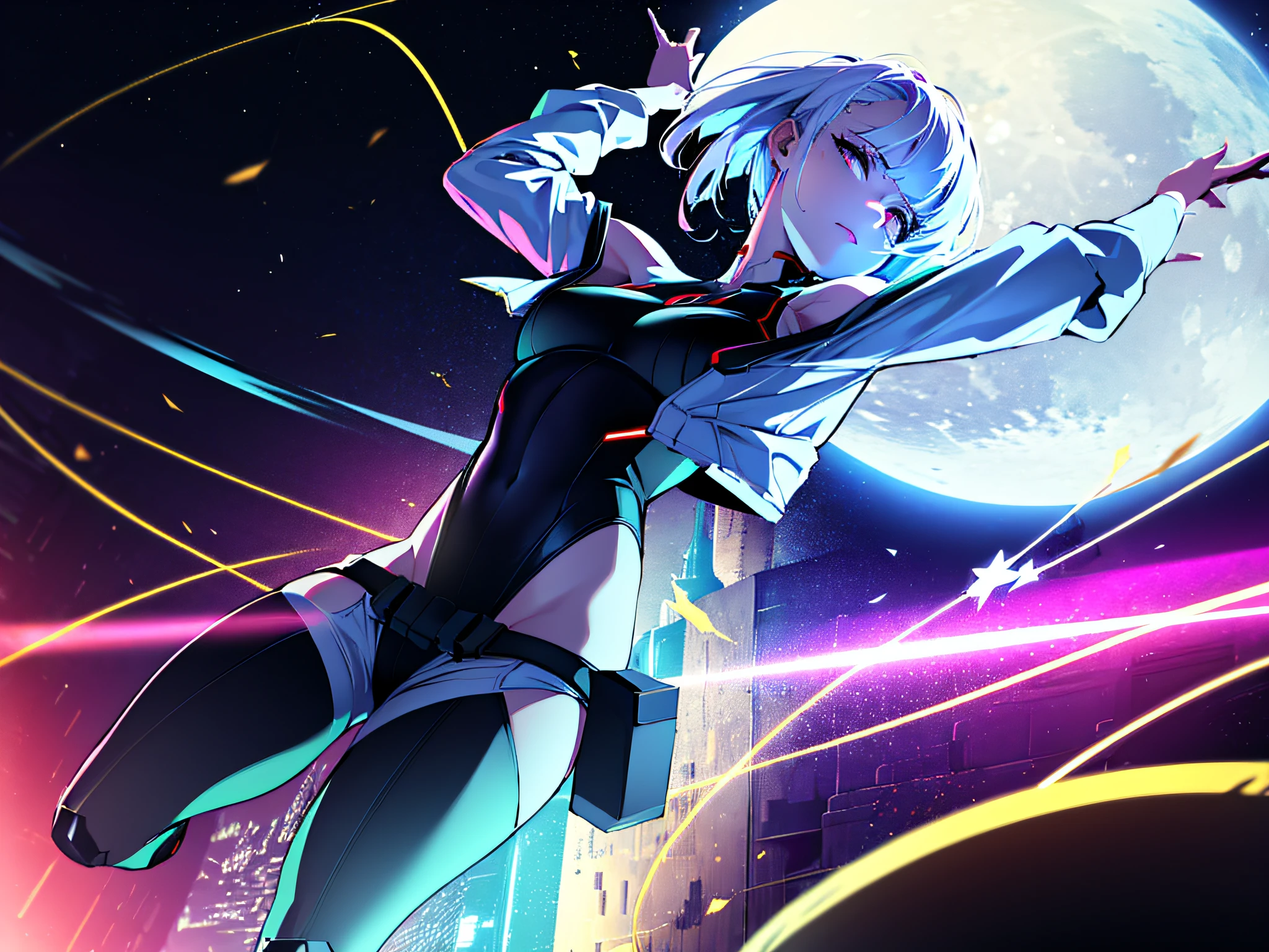 (8k, Foto RAW, best quality, master part:1.2), (Realistic, photo-realistic:1.37),Lucy cyber city \(Cyberpunk\), 1girl, arm up, asymmetrical hair, belt, Bodysuit, boca coberta, umbigo coberto, mangas destacadas, Olhos cinzentos, Vento do quadril, propriedade, segurando arma, Olhando para o Viewer, Noite, night sky, Bolsa, short hair, heaven, sozinho, arma, cabelos brancos, arame, short shorts, shorts, jaqueta aberta,Close-up, em linha reta,  (incredibly absurdness), (luz detalhada),The lighting, colorido, em camadas ao redor, (fundo das estrelas),fundo delicado, (brilhar),arm around the back, ((Caindo)), Moon behind her