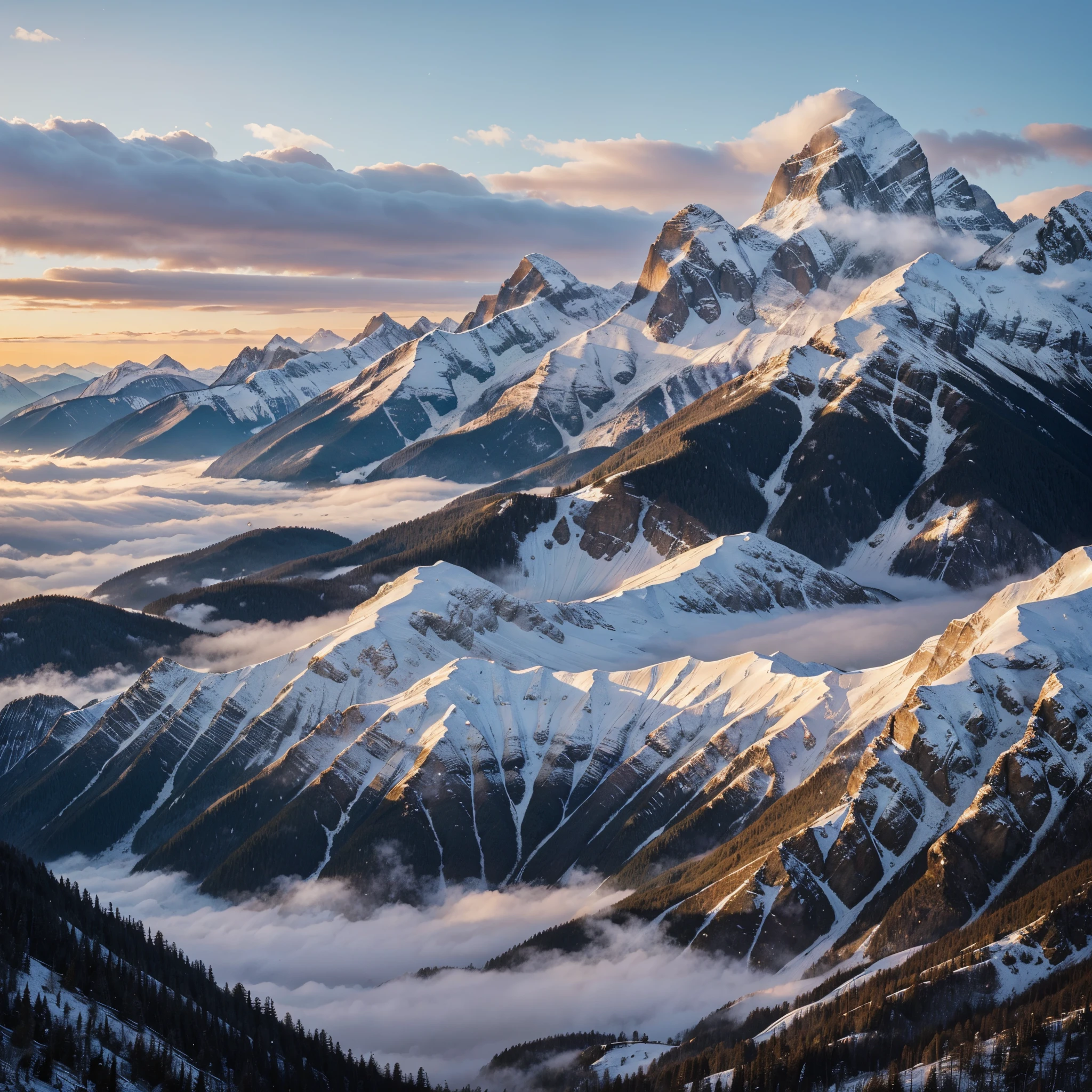 A breathtaking painting captures the essence of mystical and serene mountain landscapes at dawn. The majestic peaks rise proudly, their snow-capped summits glistening under the soft morning light. The tranquil atmosphere is enhanced by a serene mist that gently blankets the valleys below. Shades of lavender and blush adorn the sky, creating a stunning backdrop for the picturesque scene. Every brushstroke masterfully portrays the tranquility and grandeur of nature in this high-quality and awe-inspiring painting.