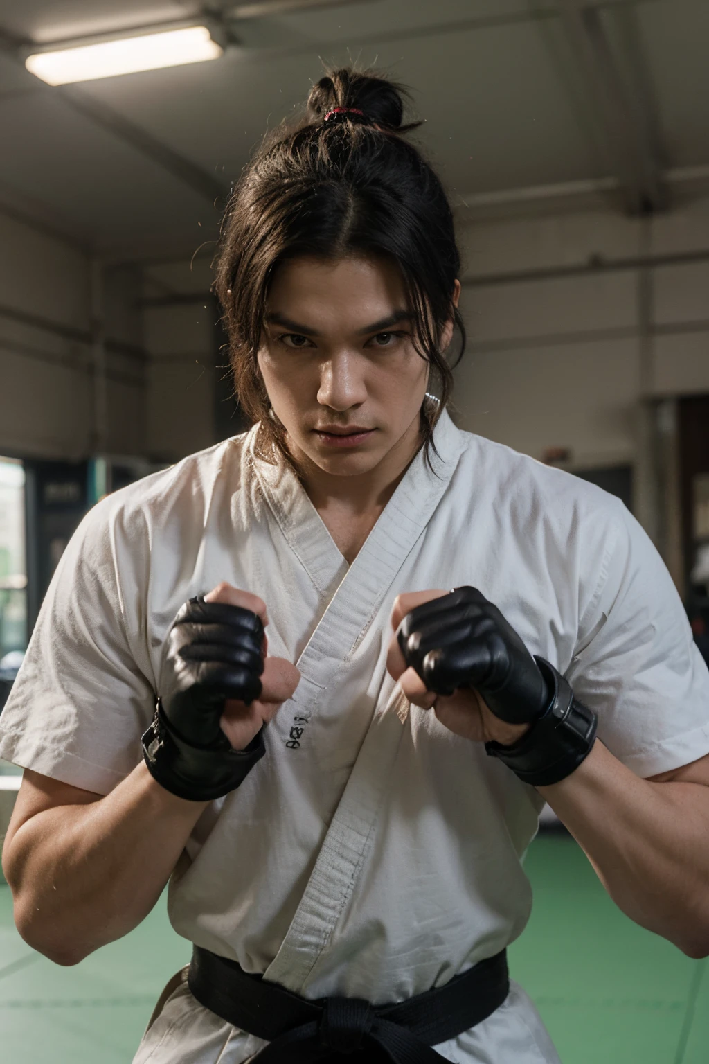 Marshall Law from Tekken is characterized by his [martial arts gi] and [distinctive black hair tied in a topknot], reflecting his expertise in martial arts within the game.