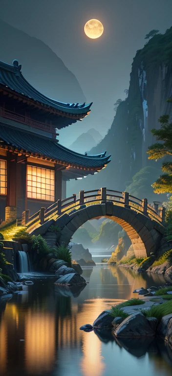 Ancient Chinese architecture, cool colors, dark night, moon, garden, bamboo, lake, stone bridge, rockery, arch, corner, tree, running water, landscape, outdoor, waterfall, grass, rock, dense fog, (Illustration: 1.0) , Epic Composition, HD Details, Masterpiece, Best Quality, (Very Detailed CG Unity 8k Wallpapers) --v 6