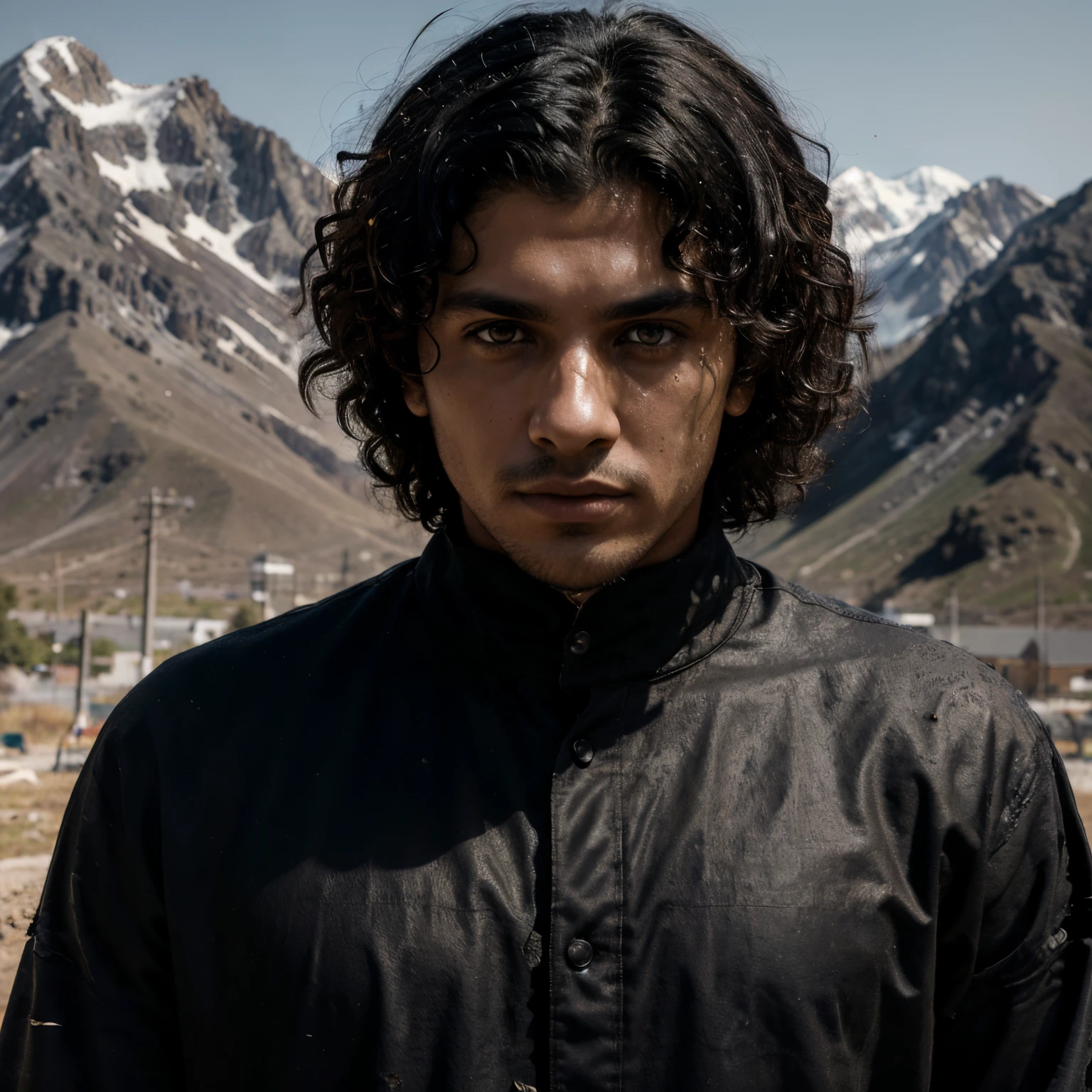 (extremely detailed 8k wallpaper), Dark Theme, Modern Horror, (Middle-East Man), uses (LArge black clothes), ((torn and dirty)), fine focus, (yellow eyes), (subsurface dispersion:1.1), (((young man))), (curly black hair), centered face, award-winning photography, dramatic lighting, (mountains background), sunny.