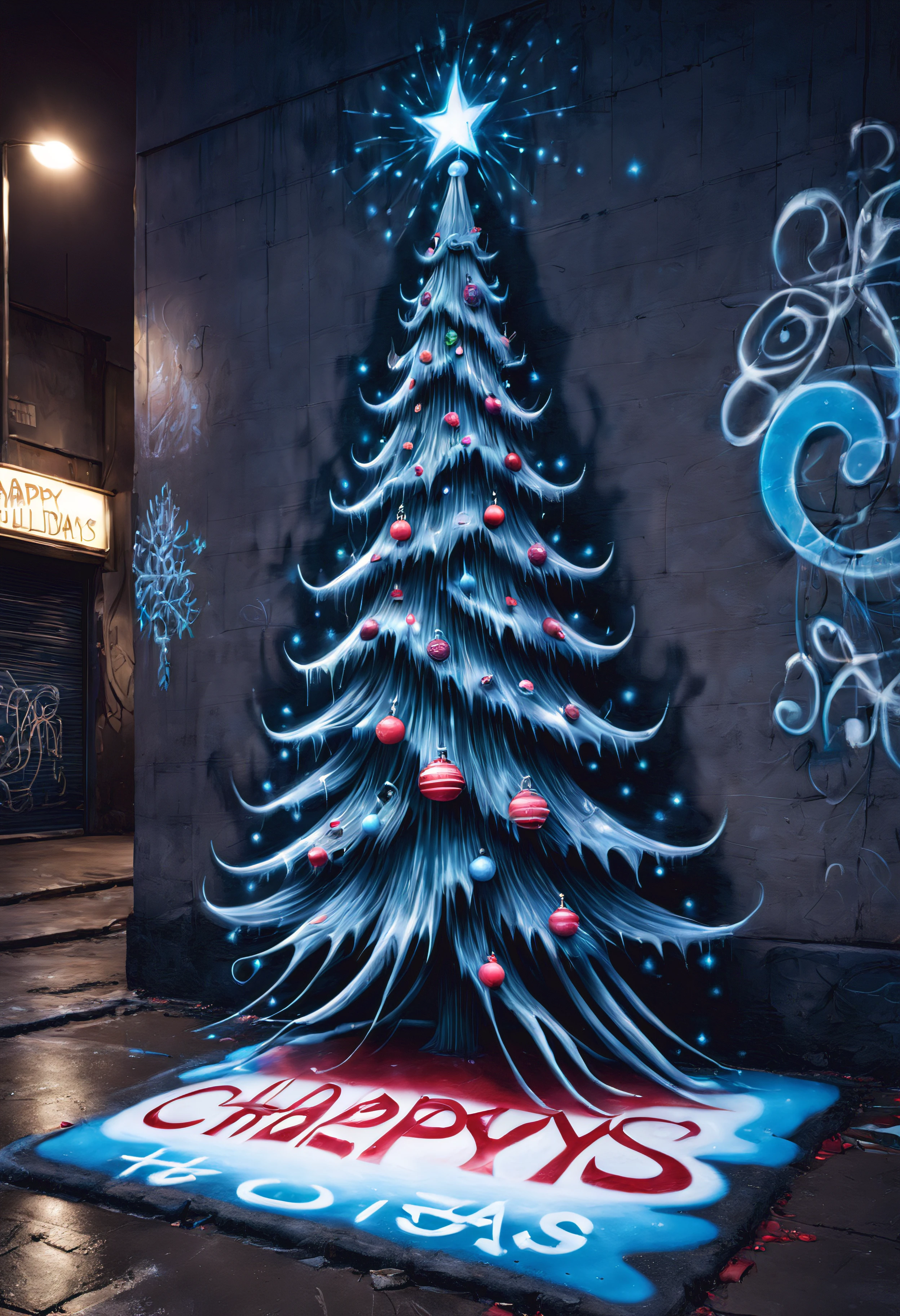 3dxmasurbanart, A three dimensional piece of (creepy) Christmas street art "Happy Holidays" written on the ground in HR Giger style, picturing a christmas tree with tentacles wrapped around it, with a graffiti snowy background, nighttime, (flash photography) (banksy style) high saturation