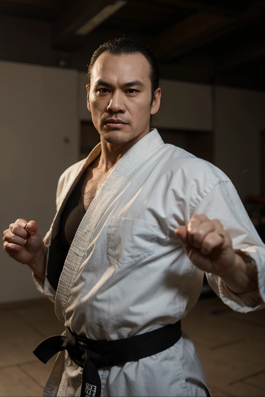 Heihachi Mishima from Tekken is characterized by his [distinctive hairstyle with a receding hairline] and [traditional martial arts gi], symbolizing his role as a formidable martial artist and central figure in the game's storyline.
