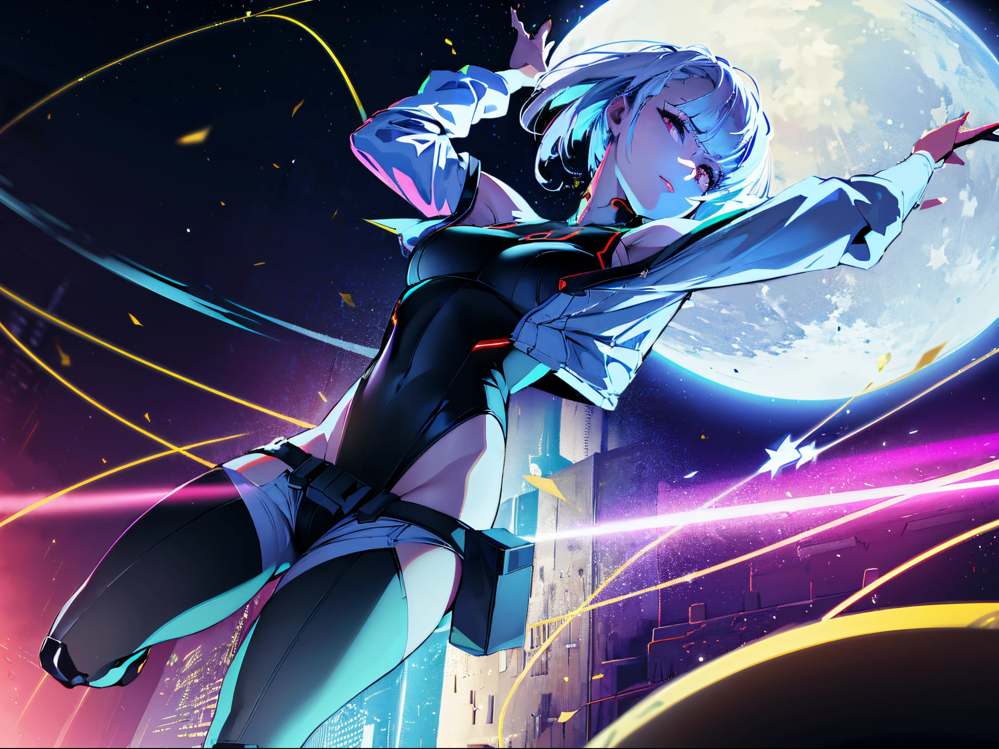 (8k, Foto RAW, best quality, master part:1.2), (Realistic, photo-realistic:1.37),Lucy cyber city \(Cyberpunk\), 1girl, arm up, asymmetrical hair, belt, Bodysuit, boca coberta, umbigo coberto, mangas destacadas, Olhos cinzentos, Vento do quadril, propriedade, segurando arma, Olhando para o Viewer, Noite, night sky, Bolsa, short hair, heaven, sozinho, arma, cabelos brancos, arame, short shorts, shorts, jaqueta aberta,Close-up, em linha reta, (incredibly absurdness), (luz detalhada),The lighting, colorido, em camadas ao redor, (fundo das estrelaundo delicado, (brilhar),arm around the back, ((Caindo)), Moon behind her