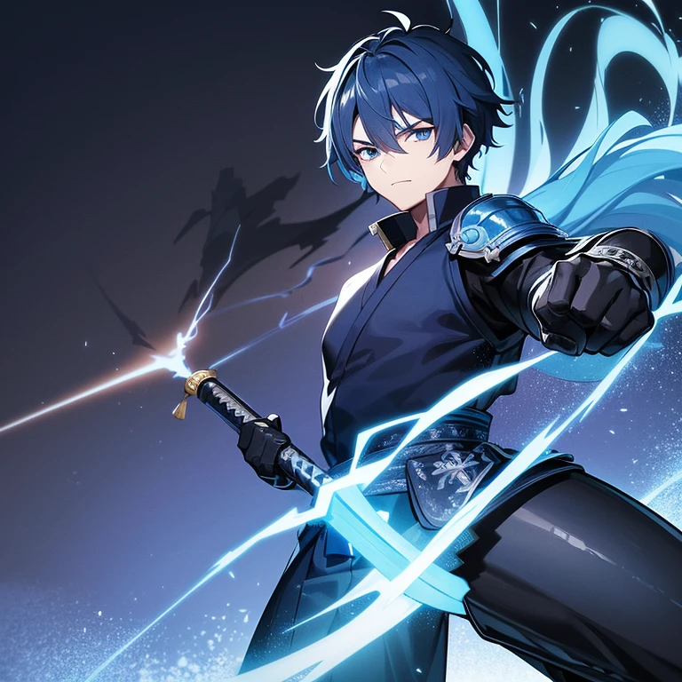 One Teenage male samurai with blue hair and blue eyes wearing a black headband and dark blue armor with lightning in his eyes looking serious and holding a lightning blade on top of a Japanese temple at night and a lightning dragon in the background