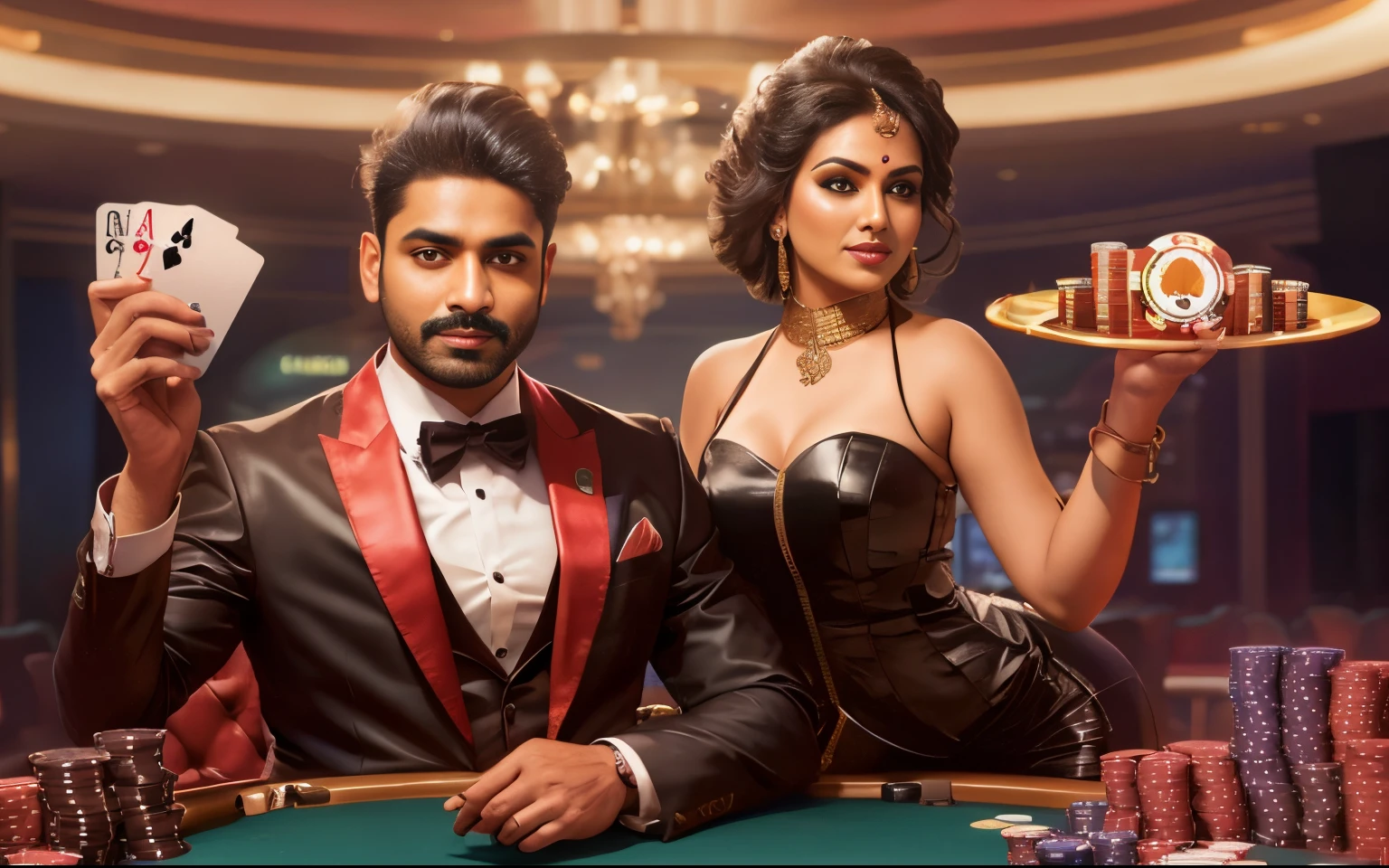 There an Indian man and a fat Indian woman playing poker in the casino, Casino of the future, casino, Stylized, poker card style, Play poker, indoor casino, indian casino, GameCG, realistic content, High-quality portraits, Very detailed official artwork, surreal content, background artwork, 8K high quality detail art, Online casino logo, ultra-realistic graphics, The cover of the game