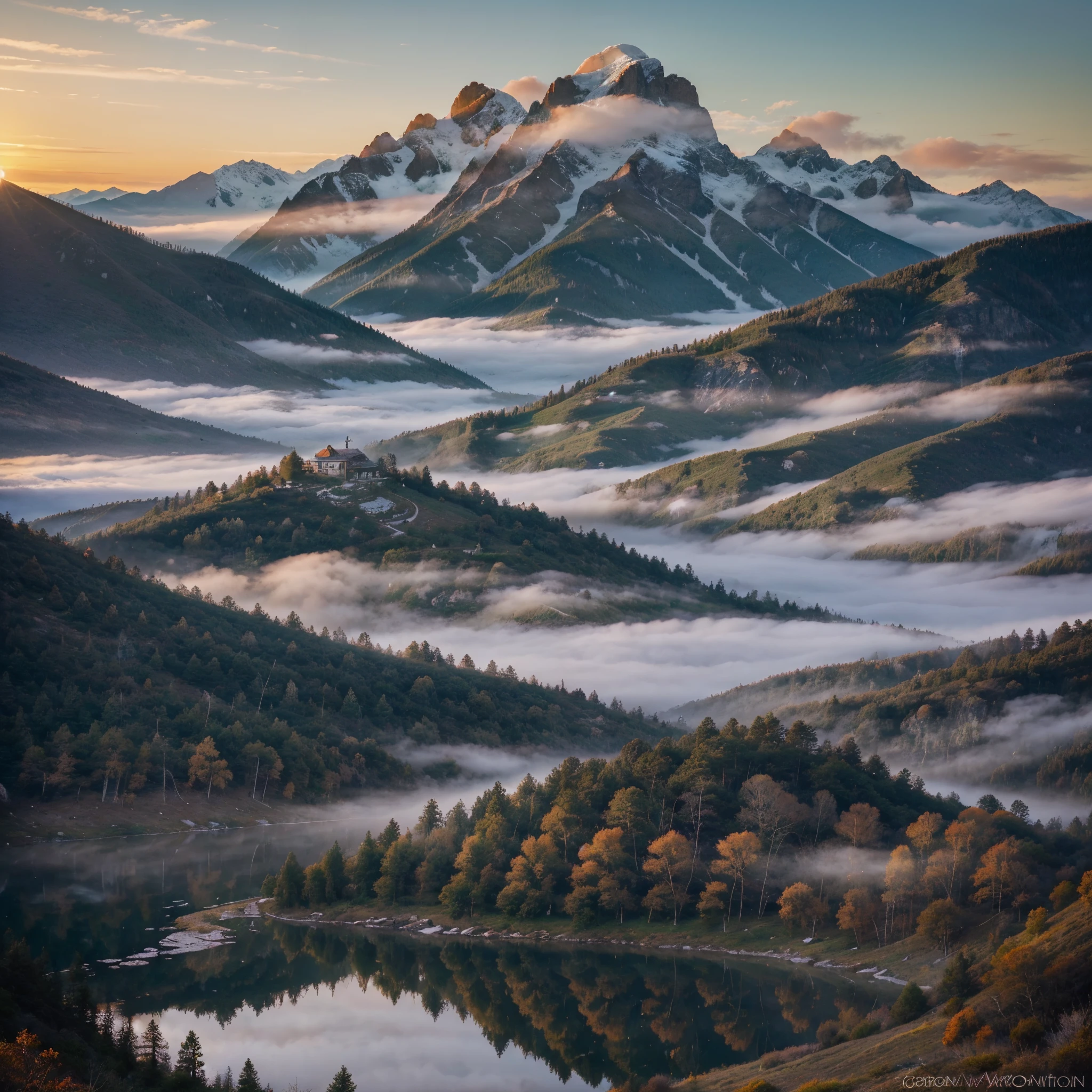 A breathtaking misty mountain sunrise takes center stage in this awe-inspiring photograph. The softly glowing sun casts its gentle light on the majestic peaks, still shrouded in a veil of ethereal mist. The colors of the sunrise are beautifully reflected in the pristine waters of a nearby lake, creating a stunning mirrored effect. Every detail is meticulously captured, from the delicate tendrils of fog swirling around the mountaintops to the vibrant palette of pastel pinks and oranges that paint the sky. This evocative image of nature's splendor evokes a sense of serenity and tranquility, leaving viewers enchanted by the beauty of the world around us.