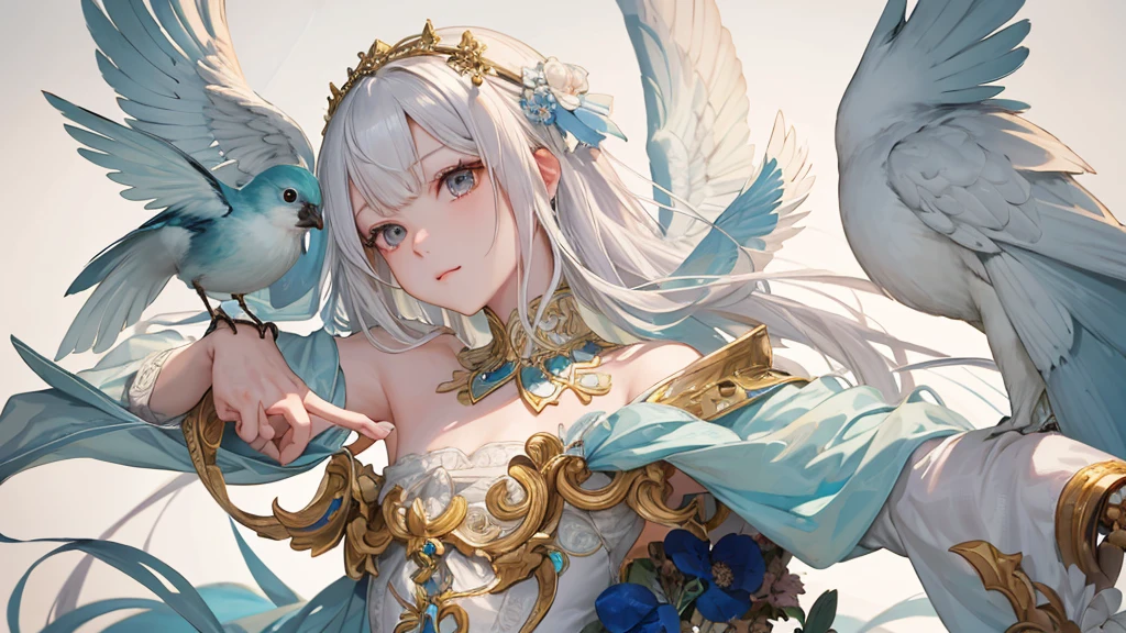 masutepiece、Good anatomy、(needle is accurate)、(extremely delicate and beautiful:1.2)、
8K、
(​masterpiece:1.0)、
(best_quality:1.0)、Good anatomy、
女の子1人、
Intricate details、Enlarged texture、
intricate-detail、finely eye and detailed face、
intricate detailes、white  hair、A slight smil、
perfect  eyes、Equal eyes、goddes、(Staring Bird and Girl)
perfectbody、ighly detailed、Wearing a beautiful dress、jewely、(A cute little bird rides on a beautiful fingertip)、needle is accurate、Detailed fingertips