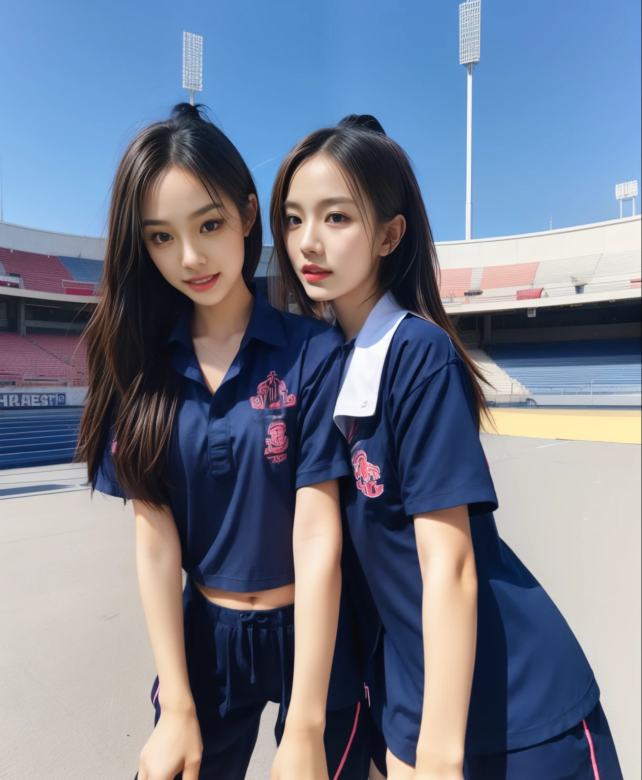 (bestquality,10,10,highres,masterpiece:1.2),ultra-detail,(Realistic,photorealistic portrait,photo-realistic:1.37),1 Cute girl in the football field,oily shiny skin,bara,light smile,BDclothelue shirt:1.3)),short sleeves,shirt, trousers.,(navy_long_Pants Track:1.1), ((Stadium Background:1.3)),dynamic angle,excited,face focus,Dynamic Poses,from behide,Ass Focus,masterpiece, bestquality, ultra realistic, hyper-detail, 8k resolution, RAW photo, crisp focus, ((Navy blue shirt:1.1)), short sleeves, Long Path, Perfect body, 2 mature women, 18yo, cinematic light,Blue sweatpants,Gymware,Correct anatomy,Complete body, Correct body, sharp face, Anatomically correct body, full entire body, Realistic gestures, long-haired, Realistic poses,Wear long shorts................................,Long leg span,Shapely,Sculpting Girl, Slender Figure, mannequin mannequins, Shapely, Beautiful body,Blue sweatpants, Two girls kissing