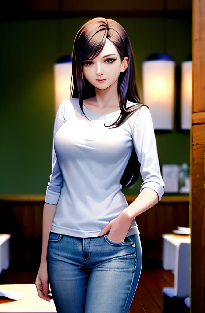 Fide woman wearing white jacket and jeans standing in front of table, Wear elegant casual clothing, full clothing : jeans and white vest, white shirt and jeans, Casual pose, standing in a restaurant, Elegantly dressed girl, white shirt and blue jeans, wearing a denim pants, There are cute little ladies everywhere, dressed in a white t-shirt, Leather jacket and jeans