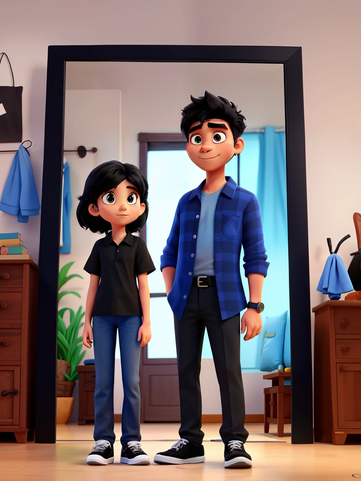 Cartoon character of a man with black shirt and a blue shirt girl , infront of an mirror