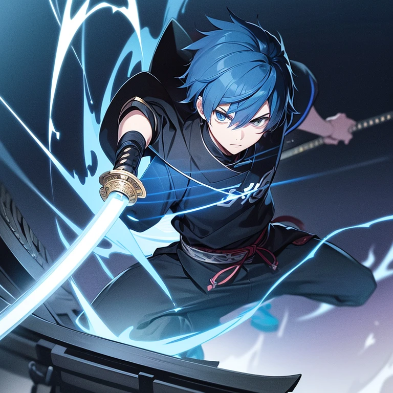 a boy in anime-style cartoon style with blue hair and dressed in a black tunic, one hand held in a long katana, painting and street lit up in the background