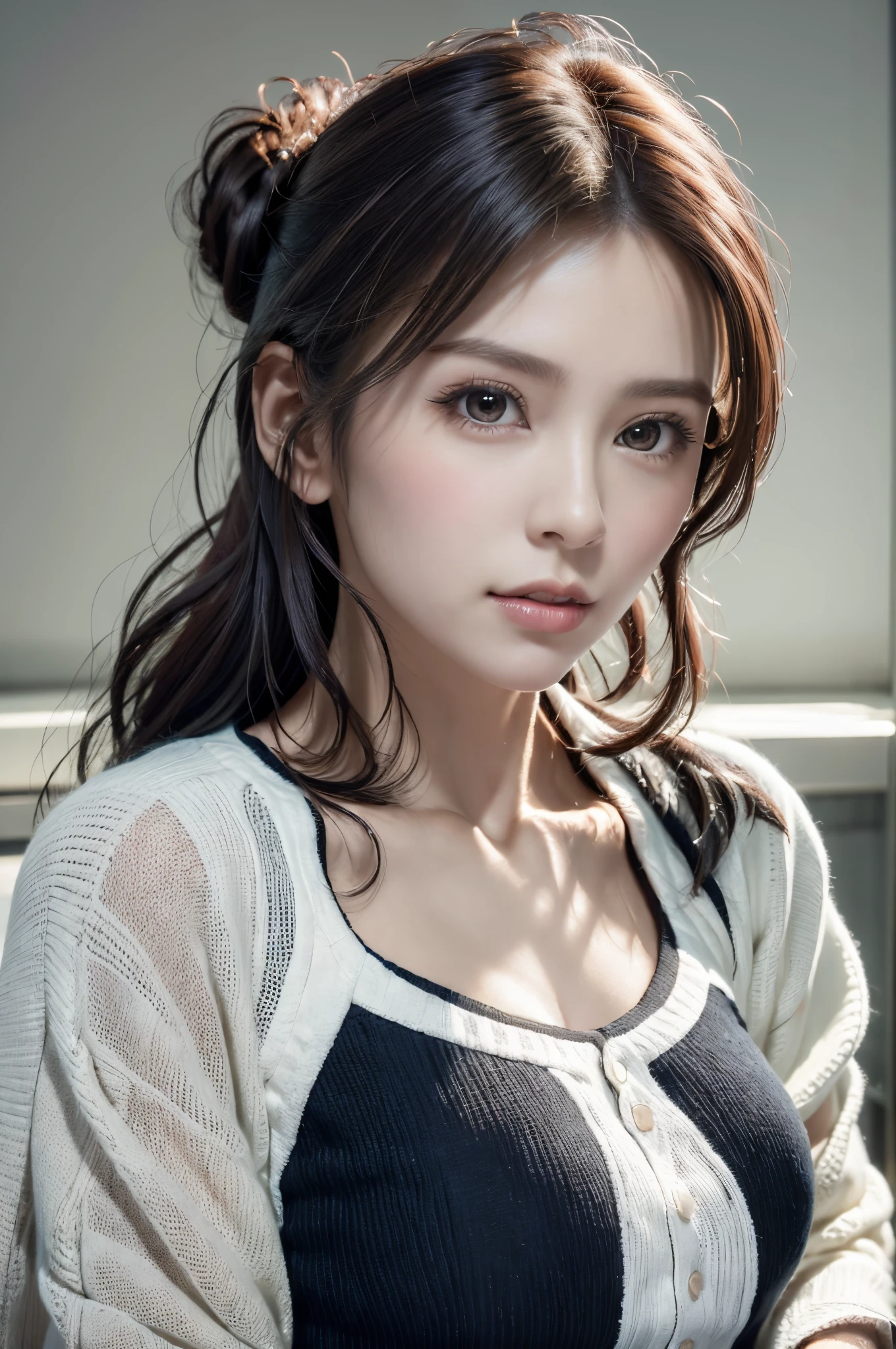 8K, of the highest quality, masutepiece:1.2), (Realistic, Photorealsitic:1.37), of the highest quality, masutepiece, Beautiful young woman, Pensive expression,、A charming、and an inviting look, Oversized knitwear、Hair tied back, Cinematic background, Light skin tone、Ko Shibasaki