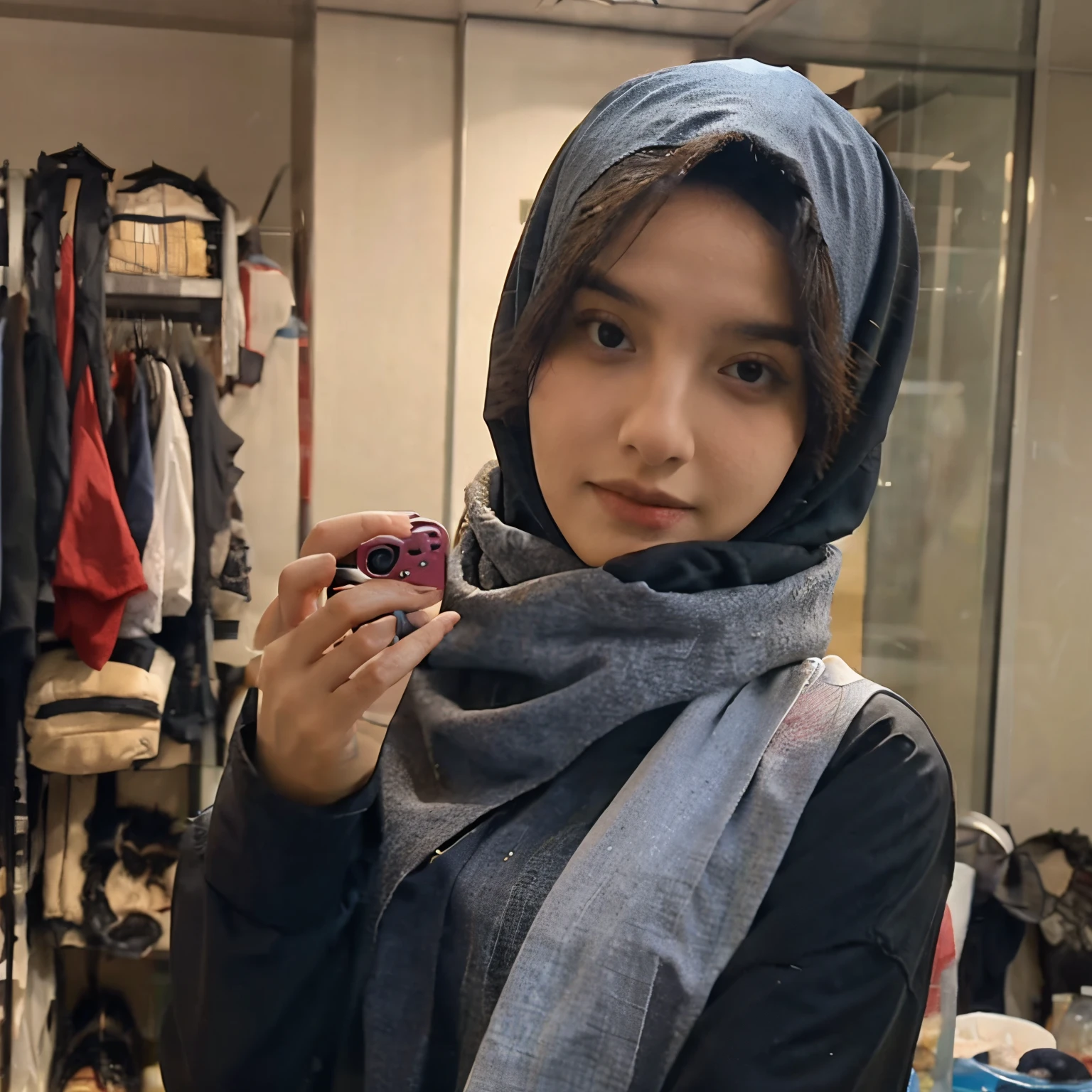 a woman wearing a hijab is looking at the camera while taking off her clothes