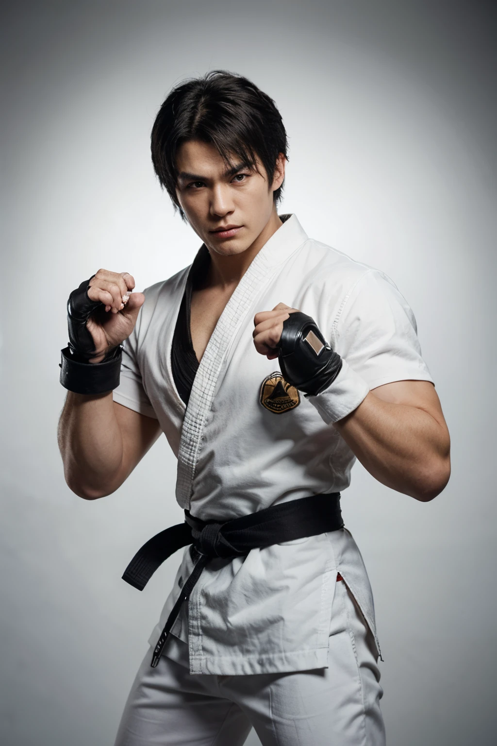 Jin Kazama from Tekken is recognized for his [trademark black karate gi], symbolizing his martial arts background, and [hairstyle with distinctive bangs], contributing to his iconic appearance in the game.