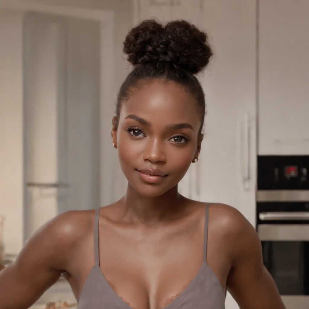 ((Dark African skin, Very deep ebony skin)), ((Its beauty undeniable)), ((Excited cute face)), ((Hyper detailed perfect eyes,)), ((pose mignonne)), ((Langue sortie)), ((Seductive )), cooking, (( baggy clothes)), ((Afro ponytail with long African curly hair,)), (( peau)), ((debout, vue de face)), ((home, kitchen, cooking)), Sharp Focus CGI, photoreallistic, High detail, Realstic, Masterpiece, absurdes, Best quality, Hdr, High quality, high-definition, Extremely detailed, 8k wallpaper, Intricate details, 8K UHD, Full-HD, (photo realist:1.2), contraste, intense illumination, lighting cinematic, natural lighting, veilleuse, Nuit, Illumination globale, Ambient occlusion in the kitchen, a la piscine African women、Female sexy、working 、baggy clothes in the kitchen、sodden、She's cooking