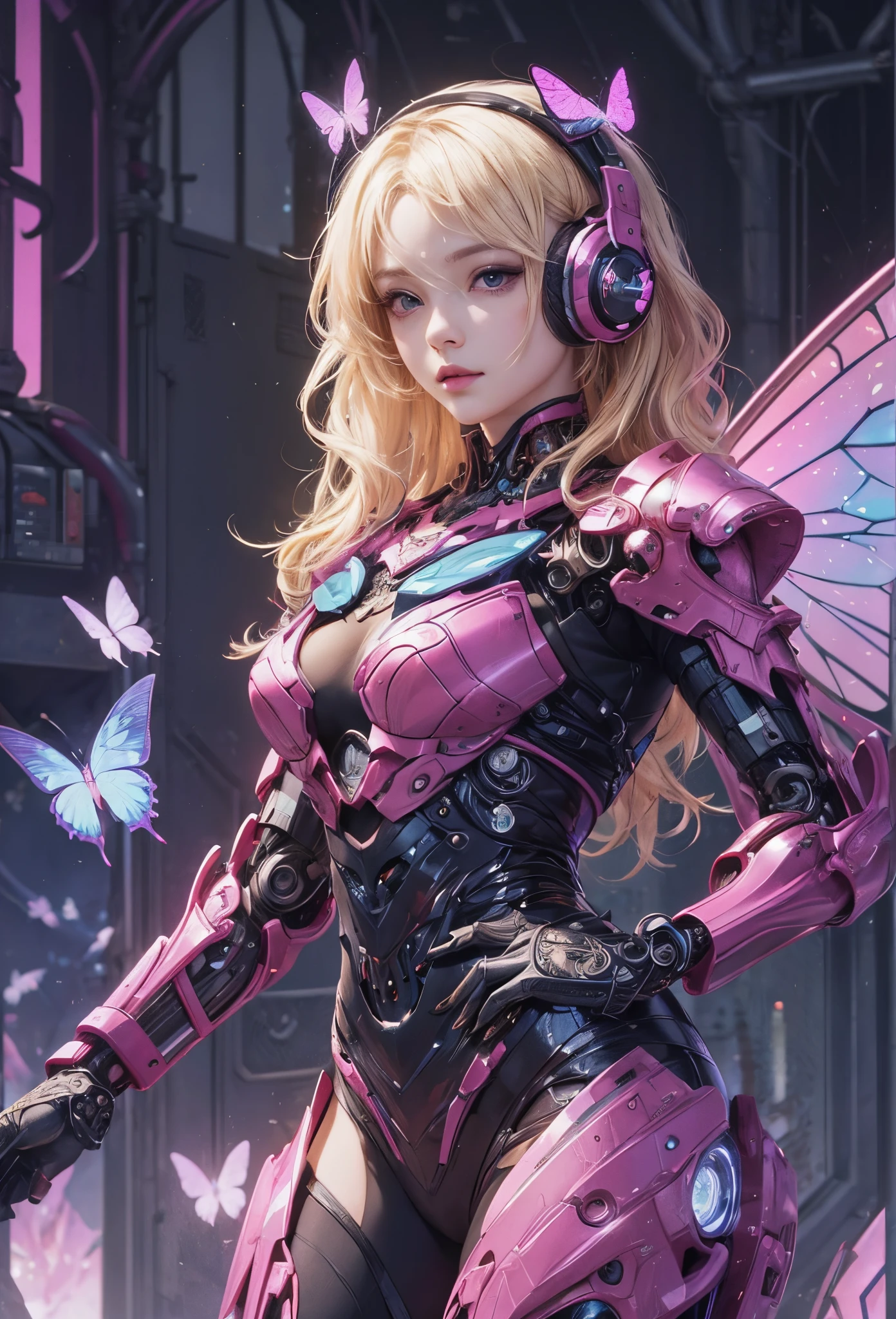(Detailed illustrations,Very detailed and detailed drawing,Delicate lines with slow and rapid,Realistic texture expression),[Color tressed main line],[labo],[[HENTAI]] ANIME (CYBERGirl anime Beauty  Cyborg [Wavy Hair (platinum-blonde)]),([Butterfly wings] Magenta's Papillon Cyberne Armor [Aurora Armor] Fuselage only transparent material) Cyber Headset,(cybernetic),(Intricate and beautiful decoration [Dense detail]),(Fine and beautiful skin expression [Transparency]),[Perfect eye details (Iris beautifully drawn in every detail)[Jewel-like eyes]],[long and beautiful eyelashes],[Meticulously drawn hair [More on beautiful and shiny hair]],(Perfect hand details [Beautiful fingers without breakdowns [Beautiful nails]]),(Perfect Anatomy(Perfectly proportioned))[[Full body like]],[[Design built to the highest level]][Ideal color coordination(Accurate simulation of light-material interactions)],([Precision Detail](detaileds,high-detail)),[Visual art that conveys a sense of narrative].