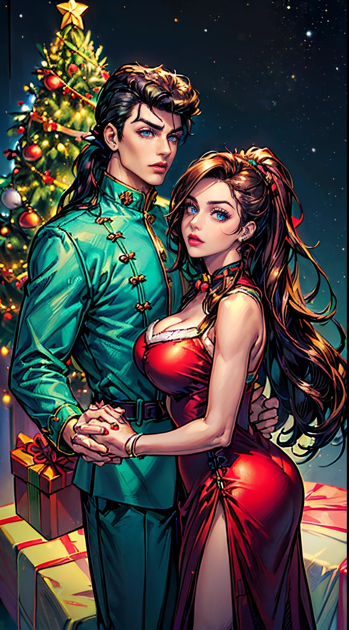 :03:58 Expires in 13 days(her)
((((Masterpiece, hiquality, absurdress), 1 woman and 1 man, (( dark colored hair)), The eyes are green, Her hair is pulled back in a ponytail, Wavy Hair, hairlong, big breastes, a perfect face, sports body, Detailed eyes and face, Bright make-up, red-lips, Christmas dress, neon lights, (Guy and girl holding hands), Josuke Higashikata, Guy with dark hair and blue eyes, Male body, male focus, Christmas costume, Christmas tree, Gifts, Christmas