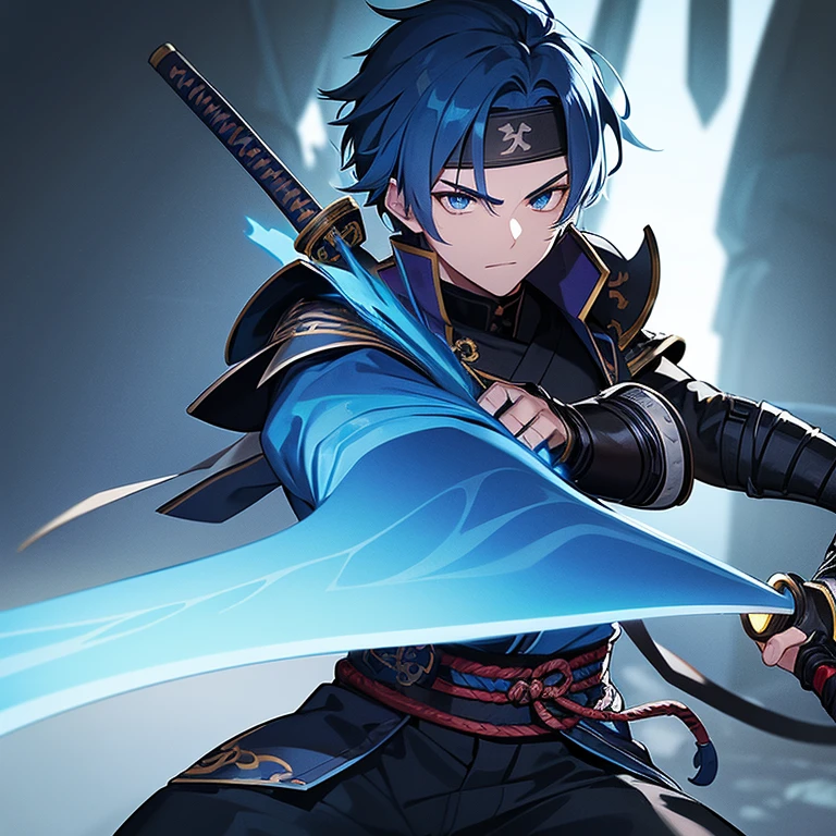 One age male samurai with blue hair and blue eyes wearing a black headband and dark blue armor with lightning in his eyes looking confident and holding a katana in his right hand on top of a Japanese temple at night in a violent lightning storm