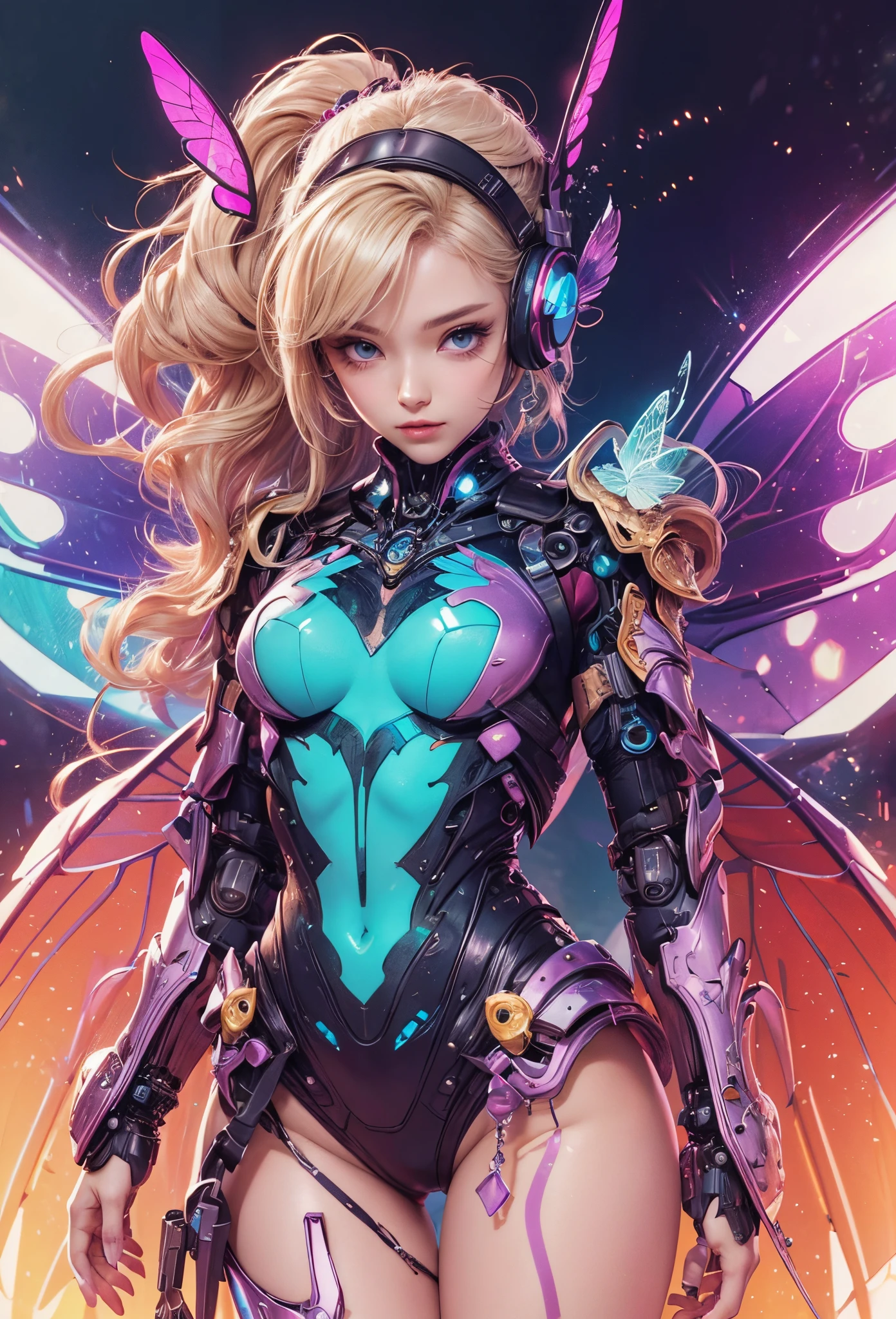 (Detailed illustrations,Very detailed and detailed drawing,Delicate lines with slow and rapid,Realistic texture expression),[Color tressed main line],[labo],[[HENTAI]] ANIME (CYBERGirl anime Beauty 13 years old Cyborg [Wavy Hair (platinum-blonde)]),([Butterfly wings] Magenta's Papillon Cyberne Armor [Aurora Armor] Fuselage only transparent material) Cyber Headset,(cybernetic),(Intricate and beautiful decoration [Dense detail]),(Fine and beautiful skin expression [Transparency]),[Perfect eye details (Iris beautifully drawn in every detail)[Jewel-like eyes]],[long and beautiful eyelashes],[Meticulously drawn hair [More on beautiful and shiny hair]],(Perfect hand details [Beautiful fingers without breakdowns [Beautiful nails]]),(Perfect Anatomy(Perfectly proportioned))[[Full body like]],[[Design built to the highest level]][Ideal color coordination(Accurate simulation of light-material interactions)],([Precision Detail](detaileds,high-detail)),[Visual art that conveys a sense of narrative].
