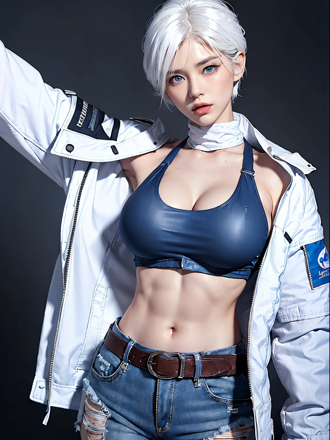 high quality, 8K ,((realistic)), medium breasts, tall, close-up, korean woman, ((short back hair)), (((white hair))), (abs visible), (muscle), ((muscle abs)), (((blue eyes))), (( ((dark flight jacket)), white top, high neck, sleeveless, crop top, ((underboobs)), distressed jean pant , belt)), knight, warrior,
