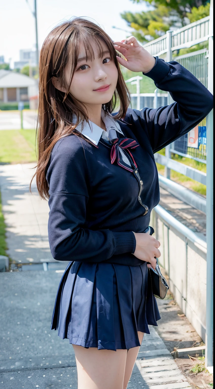 (16 K, Raw photography, Top image quality, ​masterpiece: 1.45), (realisitic, Photorealsitic: 1.37), one girls, cute little, A city scape,, profetional lighting, photon maping, school classrooms, physically-based renderingt, dark brown  hair,pony tail hairstyle, Well-groomed and beautiful eyes、((二重まぶた))、Transcendent Cute Girl, (((school uniform leather、Long sleeve shirt worn by Japan high school girl、Ribbon Ties、Dark blue mini skirt,、dark blue sock rack loafers))), Top Quality Photos, hight resolution, 1080p, (clearface), (Detailed face description), (Detailed hand description), (​masterpiece), (Exquisite CG)、extreme light and shadows、dishevled hair、master work、abundant detail、(Fine facial features)、(top quality photo)、(masuter piece)、(A detailed eye)、Look in front of you、Fine clavicle、((Slender big))、(((Japanese high school girls wear cardigans and long-sleeved shirts)))、((Neat and clean idol))、((School Gate、school ground、School building in the background))、(Shooting from random perspectives)、(((Anyway cute)))、耳Nipple Ring、A big smile、Drawing the whole body from the knees、Do not draw nasolabial folds、(((Sports bags loved by high school girls with saggy breasts:1.3)、Big buttocks with tension、2 arms in front、has two legs:0.4)))、bare hand、(((Left and right symmetrical eyes)))、Standing Pose、There are chairs、Put your hands on your desk、Do not take the tie out of the jacket、Raise your buttocks:1.5，barebacked:1.5，