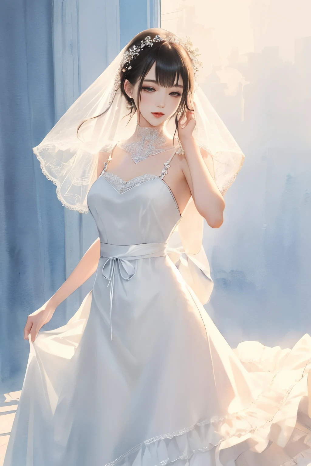 Delicate watercolor fashion design illustration of a slender croquis doll gracefully showing off her elegant apron wedding dress。This illustration 、Capture the fantastic beauty of the dress、Soft washes of watercolor blend seamlessly、Showcasing flowing fabrics and intricate details。Sketched' The pose exudes effortless grace...、Enhances the femininity of the dress。