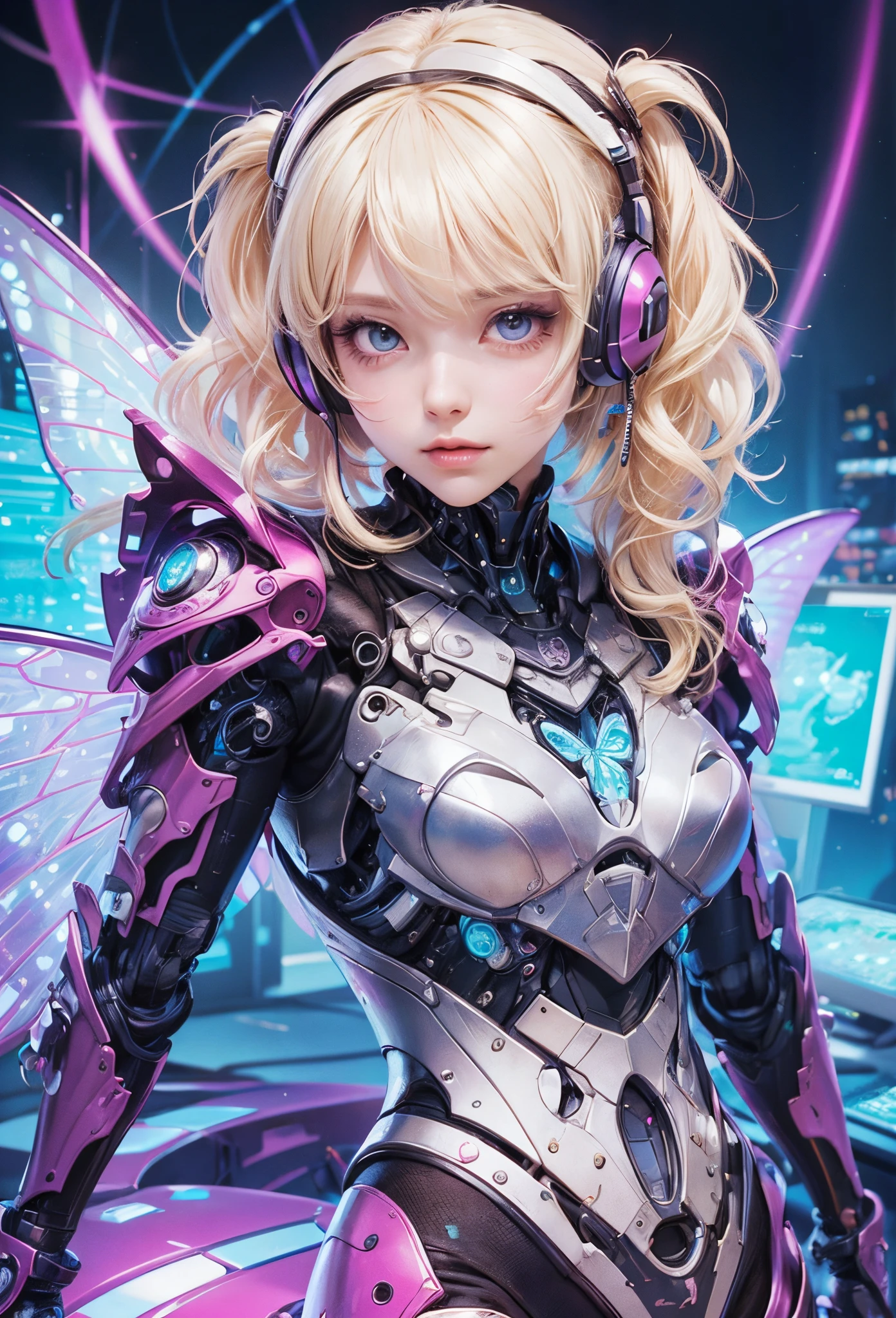 (Detailed illustrations,Very detailed and detailed drawing,Delicate lines with slow and rapid,Realistic texture expression),[Color tressed main line],[labo],[[HENTAI]] ANIME (CYBERGirl anime Beauty 13 years old Cyborg [Wavy Hair (platinum-blonde)]),([Butterfly wings] Magenta's Papillon Cyberne Armor [Aurora Armor] Fuselage only transparent material) Cyber Headset,(cybernetic),(Intricate and beautiful decoration [Dense detail]),(Fine and beautiful skin expression [Transparency]),[Perfect eye details (Iris beautifully drawn in every detail)[Jewel-like eyes]],[long and beautiful eyelashes],[Meticulously drawn hair [More on beautiful and shiny hair]],(Perfect hand details [Beautiful fingers without breakdowns [Beautiful nails]]),(Perfect Anatomy(Perfectly proportioned))[[Full body like]],[[Design built to the highest level]][Ideal color coordination(Accurate simulation of light-material interactions)],([Precision Detail](detaileds,high-detail)),[Visual art that conveys a sense of narrative].