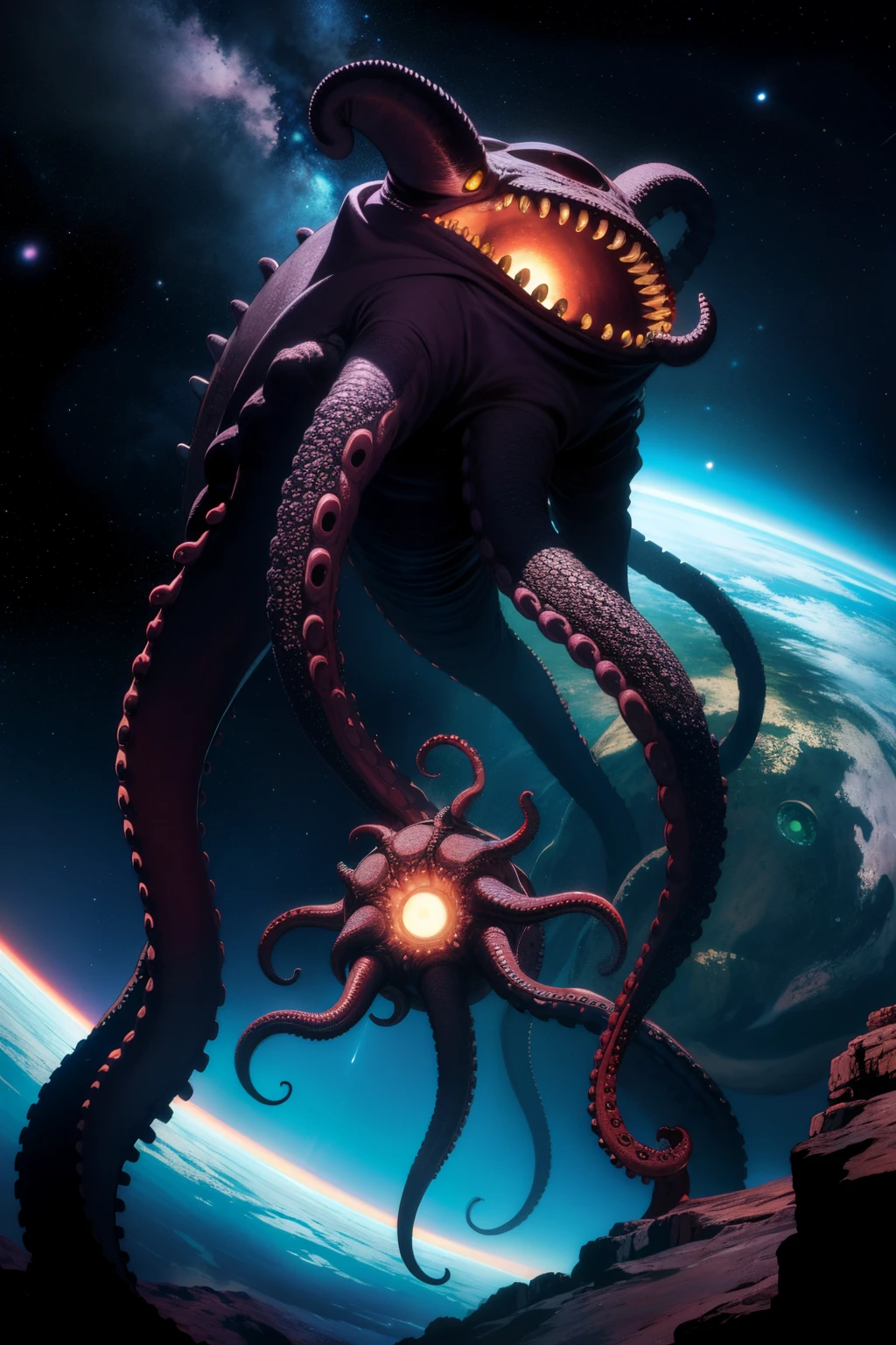(No humans)、An alien tentacle creature with tentacles branching out from a central body with a single large eye、From below