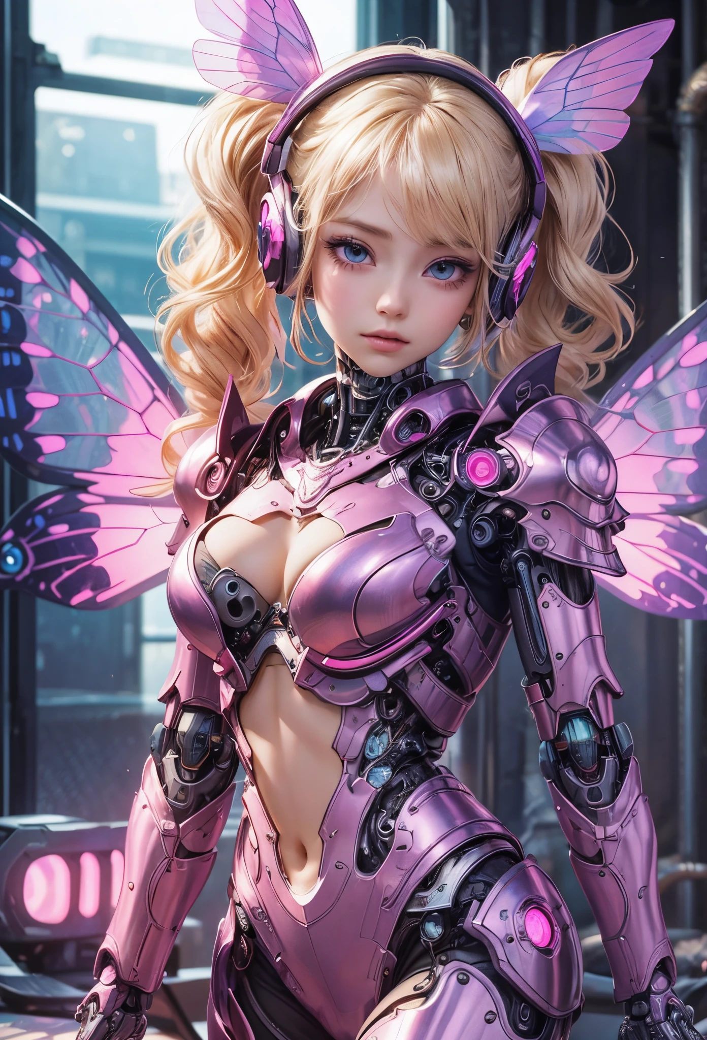 (Detailed illustrations,Very detailed and detailed drawing,Delicate lines with slow and rapid,Realistic texture expression),[Color tressed main line],[labo],[[HENTAI]] ANIME (CYBERGirl anime Beauty  Cyborg [Wavy Hair (platinum-blonde)]),([Butterfly wings] Magenta's Papillon Cyberne Armor [Aurora Armor] Fuselage only transparent material) Cyber Headset,(cybernetic),(Intricate and beautiful decoration [Dense detail]),(Fine and beautiful skin expression [Transparency]),[Perfect eye details (Iris beautifully drawn in every detail)[Jewel-like eyes]],[long and beautiful eyelashes],[Meticulously drawn hair [More on beautiful and shiny hair]],(Perfect hand details [Beautiful fingers without breakdowns [Beautiful nails]]),(Perfect Anatomy(Perfectly proportioned))[[Full body like]],[[Design built to the highest level]][Ideal color coordination(Accurate simulation of light-material interactions)],([Precision Detail](detaileds,high-detail)),[Visual art that conveys a sense of narrative].