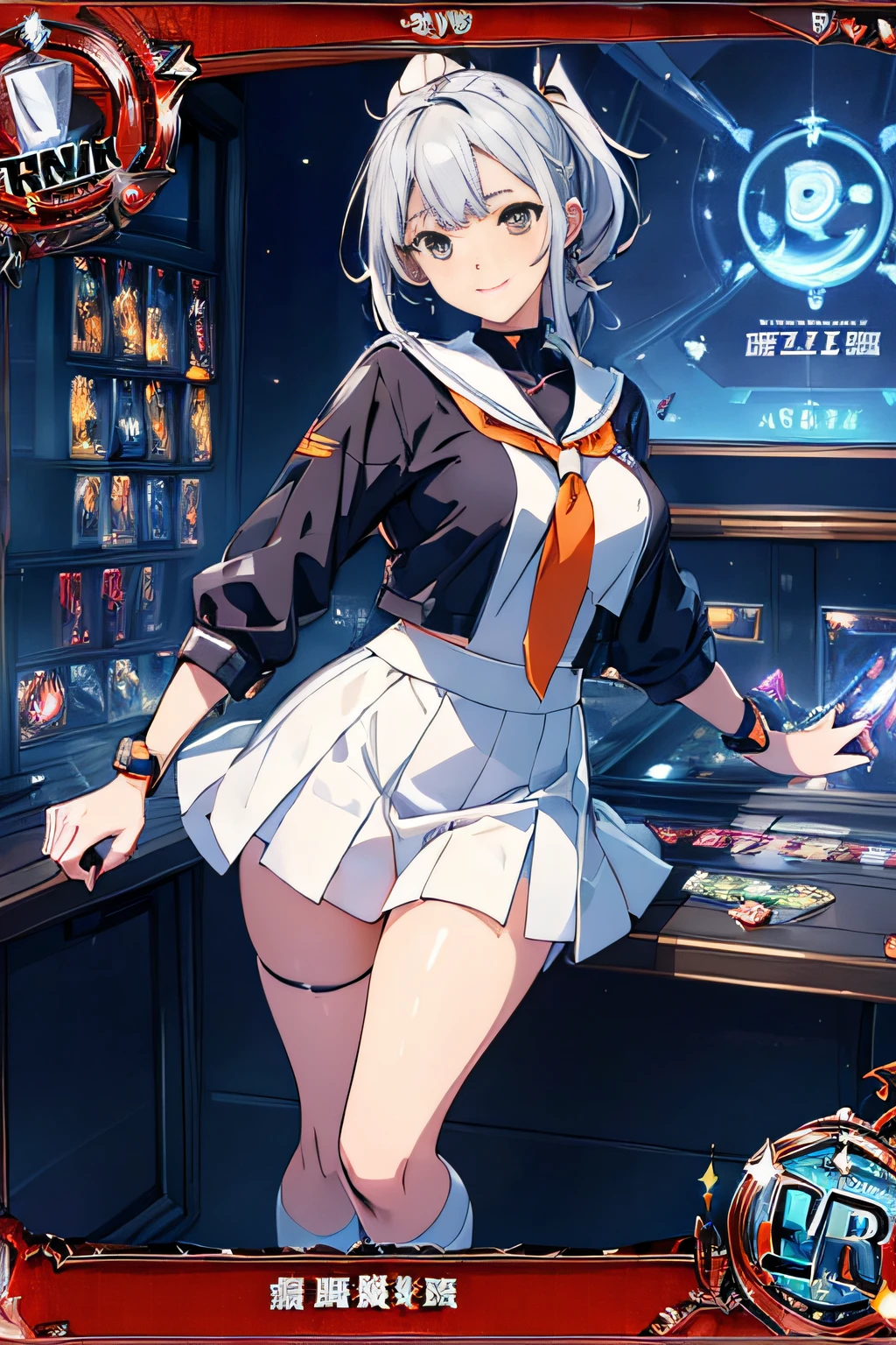 (Trading Card Game Frames:1.7),Cybernetic arm and glowing cyber girl,(J Women's Uniform,a sailor suit,White skirt,),Intense body movements,Add a motion blur effect to simulate motion,Stand on the streets of a desolate battlefield.Surrounded by a network of wires. Surrounded by a net of orange LED circuits. (Cyber Girl with Orange Glowing Sword:1.3), Shiny Silver Shorthair,disheveled ponytail,,Cute smile,Perfect round face,Black eyes,A cheerful smile that makes the viewer happy,Proper body proportion,Intricate details,Very delicate and beautiful hair,photos realistic,Dreamy,Professional Lighting,realistic shadow,Solo Focus,Beautiful hands,Beautiful fingers,Detailed finger features,detailed clothes features,Detailed hair features,detailed facial features,top-quality,Ultra-high resolution output image,) ,(The 8k quality,),(Image Mode Ultra HD,),(Image Mode Ultra HD,),(Sea Art 2 Mode.1:1.3),Science fiction fantasy