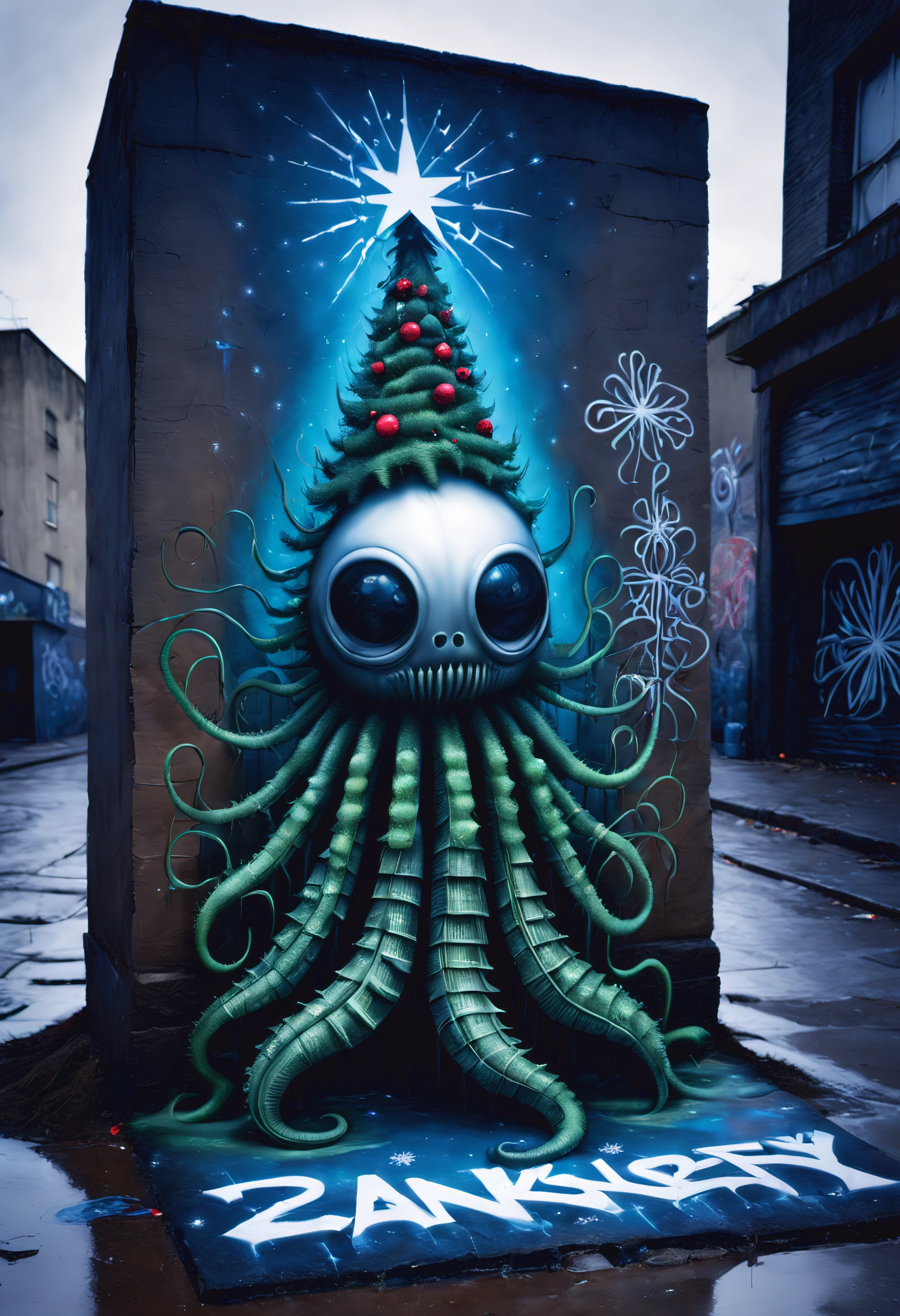 3dxmasurbanart, A three dimensional piece of Christmas street art "YULE" (creepy) written on the ground in HR Giger style, picturing a christmas tree with (tentacles) wrapped around it, with a graffiti snowy background, nighttime, (flash photography) (banksy style) high saturation