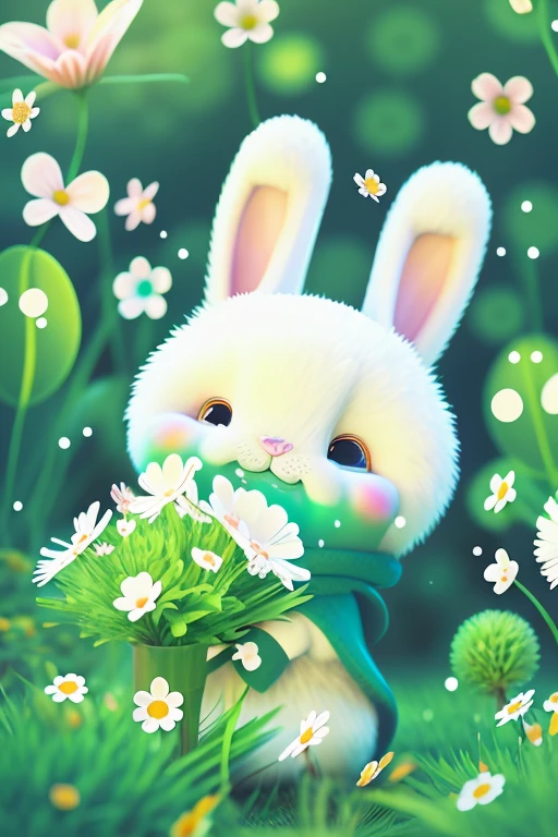 There  a rabbit hiding in the grass full of flowers, cute illustration, Cute and detailed digital art, Just a joke, cute anthropomorphic bunny, a forest with bunnies, Dream illustration, cute forest creature, Lovely detailed artwork, adorable digital art, cute artwork, edgBunny_edgBunny, by Ryan Ye, print!, Soft anime illustration, the rabble_peculiarity, procreate illustration