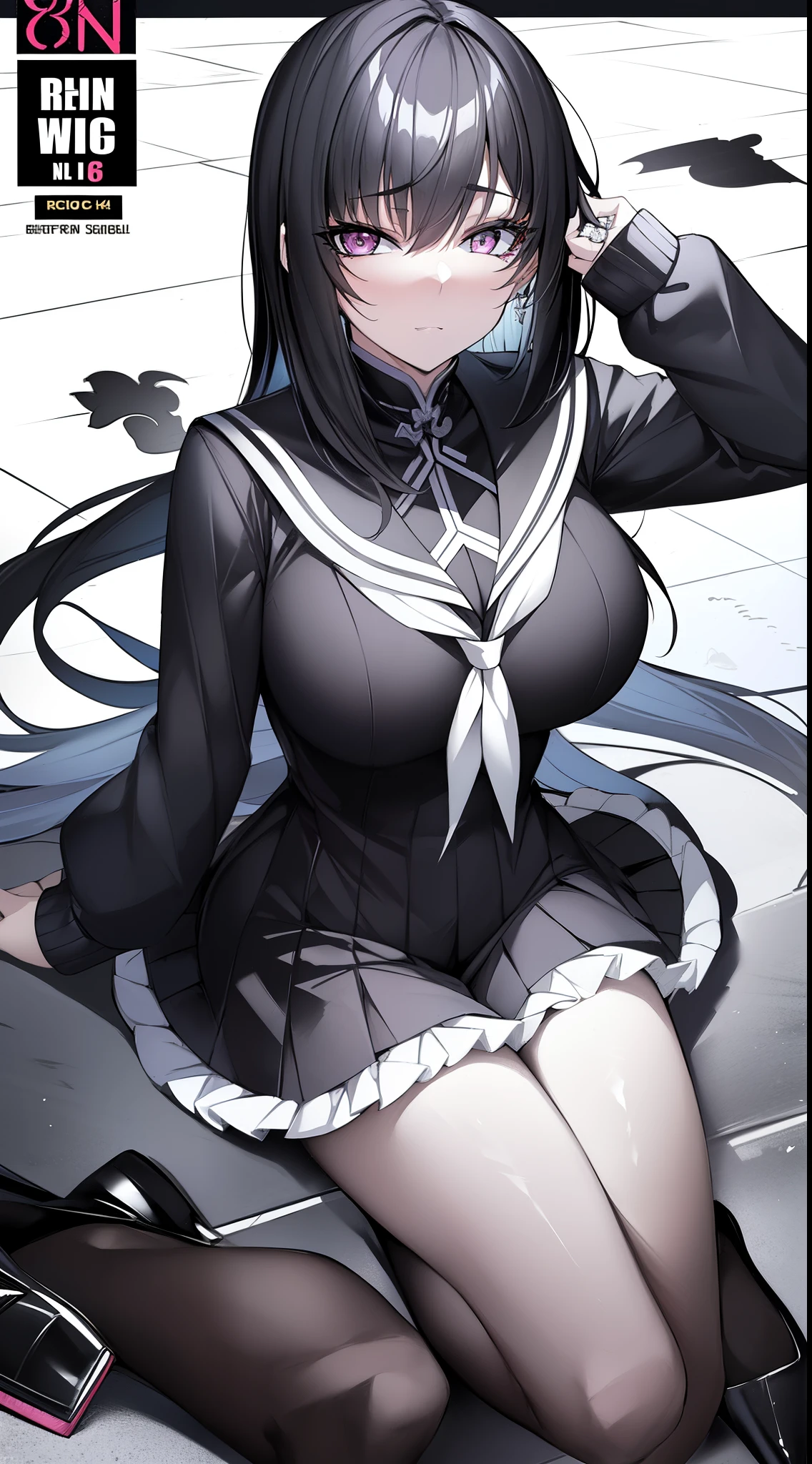 v5lcn style,ink art,(Best Quality,masutepiece:1.2),(black and white comic core:1.1),(extreme high contrast),Dark ink,1girl in,A dark-haired,Shadow on face、8K,resolution,High School Girl,Sailor Uniform,