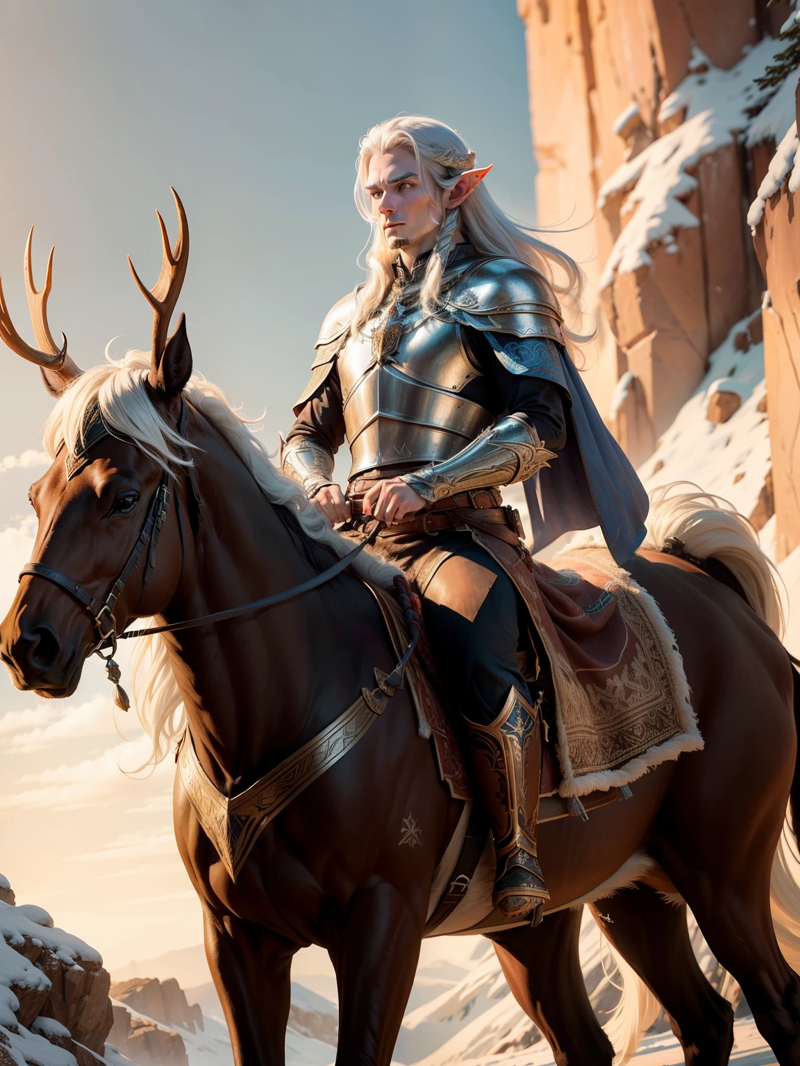 Elf cavalry riding an elk,handsome man,Male elf,solo person,only one person,Wearing armor,full body,riding on an elk,an elk,centre,Hold a spear,Shoulder blades,shelmet,longspear,Long white hair, Illustration concept art, Great character design, rpg concept art character, D&D character design, RPG portrait concept art,8K
