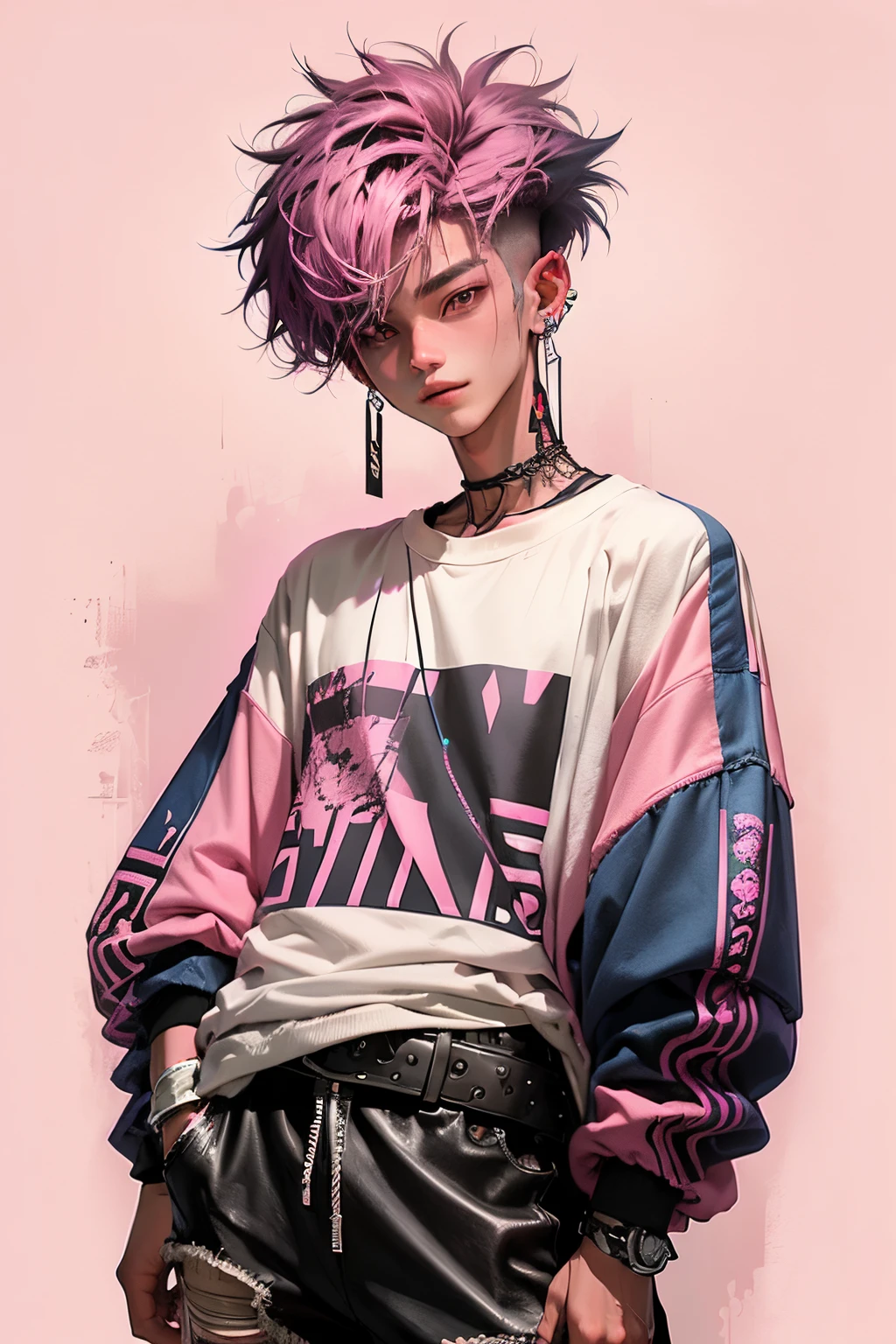 kpop young age boy with fade cut dark pink hair with white earring on his right ear, open jacket with dark blue shirts, cute smile, black ripped shorts and a large belt-buckle, paint background, popstar, has messy pink emo hairstyle. He has a normal Putt Putt Troll appearance overall, pink crystal broken glass mirror background