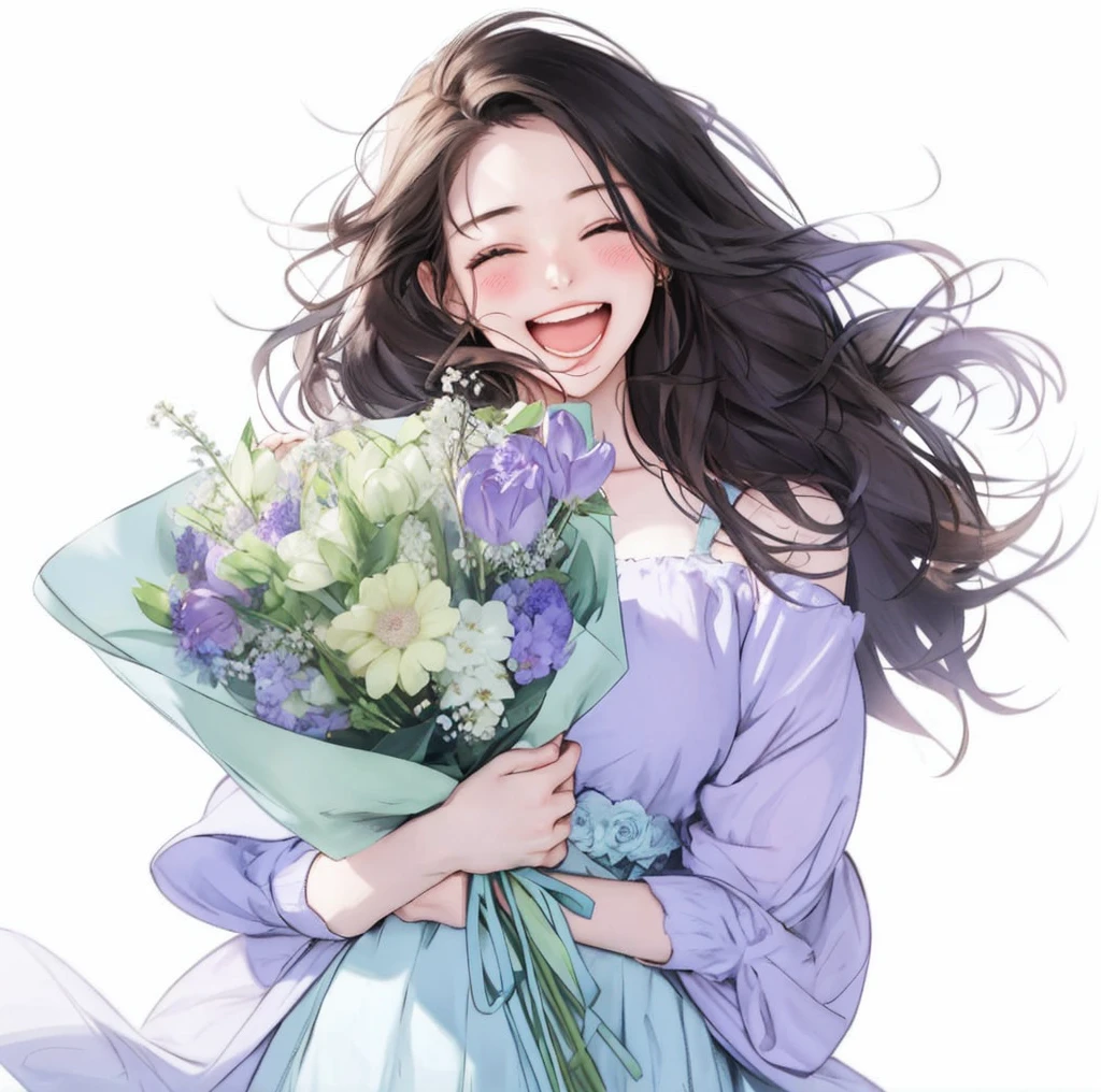 Anime girl with flowers in her hands,With a smile on his face, with flowers, Guviz, she expressing joy, beautiful and smiling, laughing sweetly, Lovely smile, with a beautifull smile, Middle metaverse, by Yang J, Happy and cheerful look, and she smiling,Very happy, Guviz-style artwork