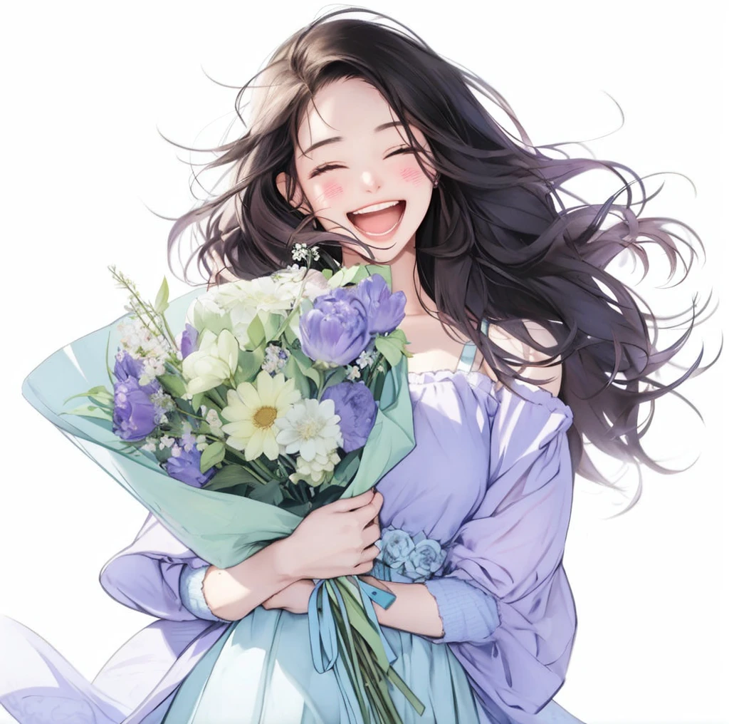 Anime girl with flowers in her hands,With a smile on his face, with flowers, Guviz, she expressing joy, beautiful and smiling, laughing sweetly, Lovely smile, with a beautifull smile, Middle metaverse, by Yang J, Happy and cheerful look, and she smiling,Very happy, Guviz-style artwork