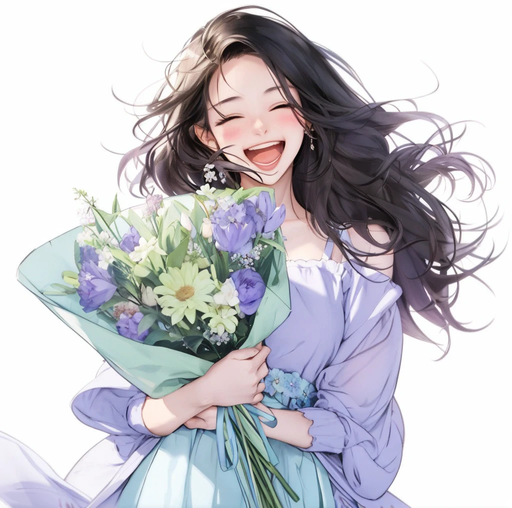 Anime girl with flowers in her hands,With a smile on his face, with flowers, Guviz, she expressing joy, beautiful and smiling, laughing sweetly, Lovely smile, with a beautifull smile, Middle metaverse, by Yang J, Happy and cheerful look, and she smiling,Very happy, Guviz-style artwork
