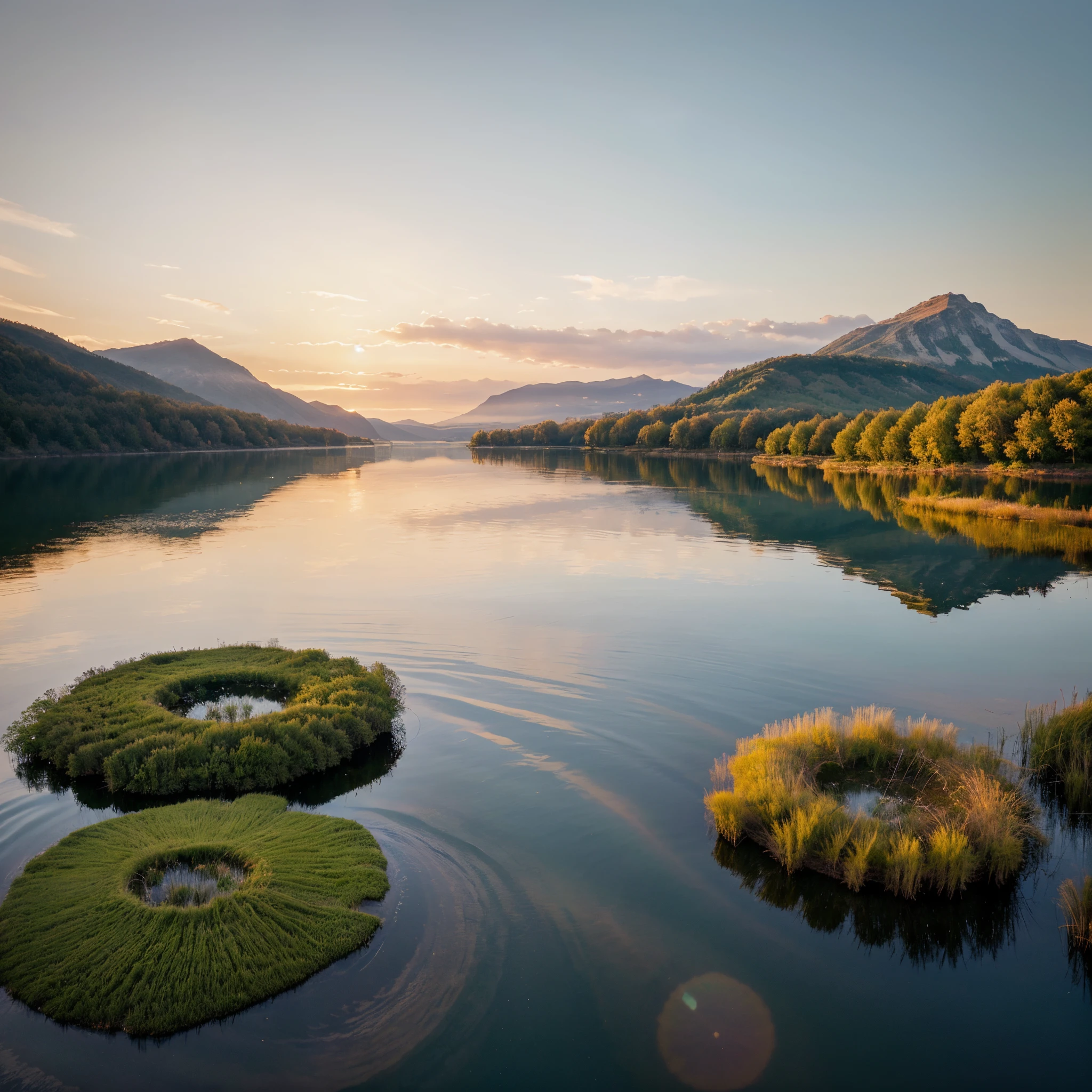 A serene lakeside at dawn, where the gentle rays of the sun paint the sky in soft hues of pink and orange, illuminating the tranquil waters below. This breathtaking scene, captured in a stunning photograph, showcases the stillness of the moment, with the lake mirroring the vibrant colors overhead. The image expertly captures the serenity of this lakeside sunrise, leaving viewers in awe of its beauty and providing a perfect escape from the hustle and bustle of everyday life.