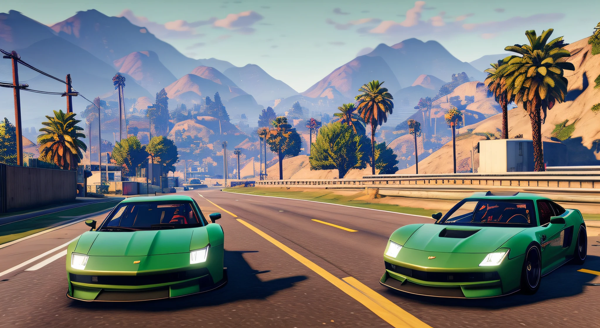 Close-up of a green car, drive on the road, hills and mountains in the background, wooden houses and cottages along the sides of the road, GTA V style, GTA5 Style, GTA V style, GTA 6 style, GTA V gameplay screenshot, Screenshot from GTA V, In GTA V, Cinematic screenshot of GTA 5, GTA 5, Gta5, Screenshot of GTA 5, GTA V, GTA 6, IN THE STYLE OF GTA, Screenshot of GTA V, Стиль Grand Theft Auto