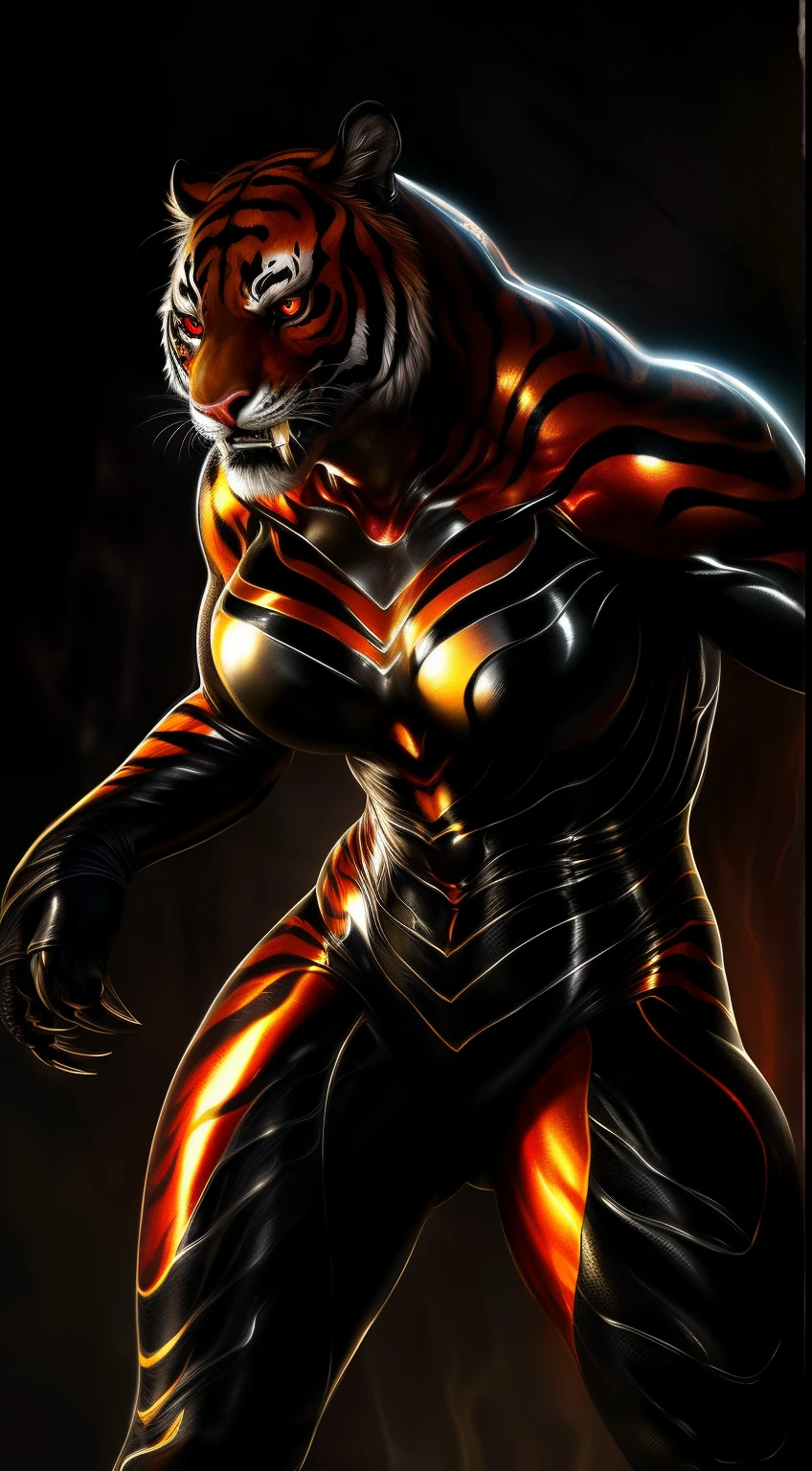 (Best Quality,Ultra-detailed,Realistic:1.37)、anthology、 Furious tiger, Solo, Woman's, Atrocious、cruel、offensive、Evil face、sharp claws、Detailed red eyes, Standing, Sharp fangs、Yellow body、alien symbiote, Horror movie lighting、(Full body:1.8)