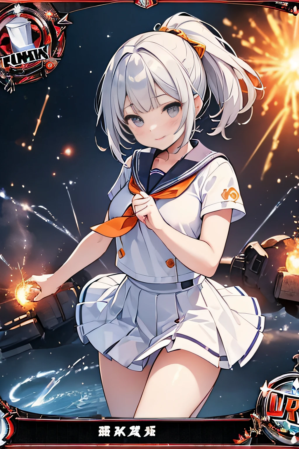 (Trading Card Game Frames:1.7),Cybernetic arm and glowing cyber girl,(J Women's Uniform,a sailor suit,White skirt,),Intense body movements,Add a motion blur effect to simulate motion,Stand on the streets of a desolate battlefield.Surrounded by a network of wires. Surrounded by a net of orange LED circuits. (Cyber Girl with Orange Glowing Sword:1.3), Shiny Silver Shorthair,disheveled ponytail,,Cute smile,Perfect round face,Black eyes,A cheerful smile that makes the viewer happy,Proper body proportion,Intricate details,Very delicate and beautiful hair,photos realistic,Dreamy,Professional Lighting,realistic shadow,Solo Focus,Beautiful hands,Beautiful fingers,Detailed finger features,detailed clothes features,Detailed hair features,detailed facial features,top-quality,Ultra-high resolution output image,) ,(The 8k quality,),(Image Mode Ultra HD,),(Image Mode Ultra HD,),(Sea Art 2 Mode.1:1.3),Science fiction fantasy