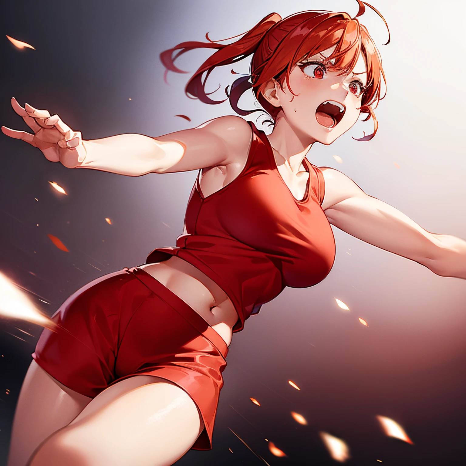 one girls、Red hair、Ahoge、poneyTail、Red vest、White short-sleeved shirt、desperate expression、terrified expression、Shout、red eyes、open open mouth、perspiring、Front perspective、Long body