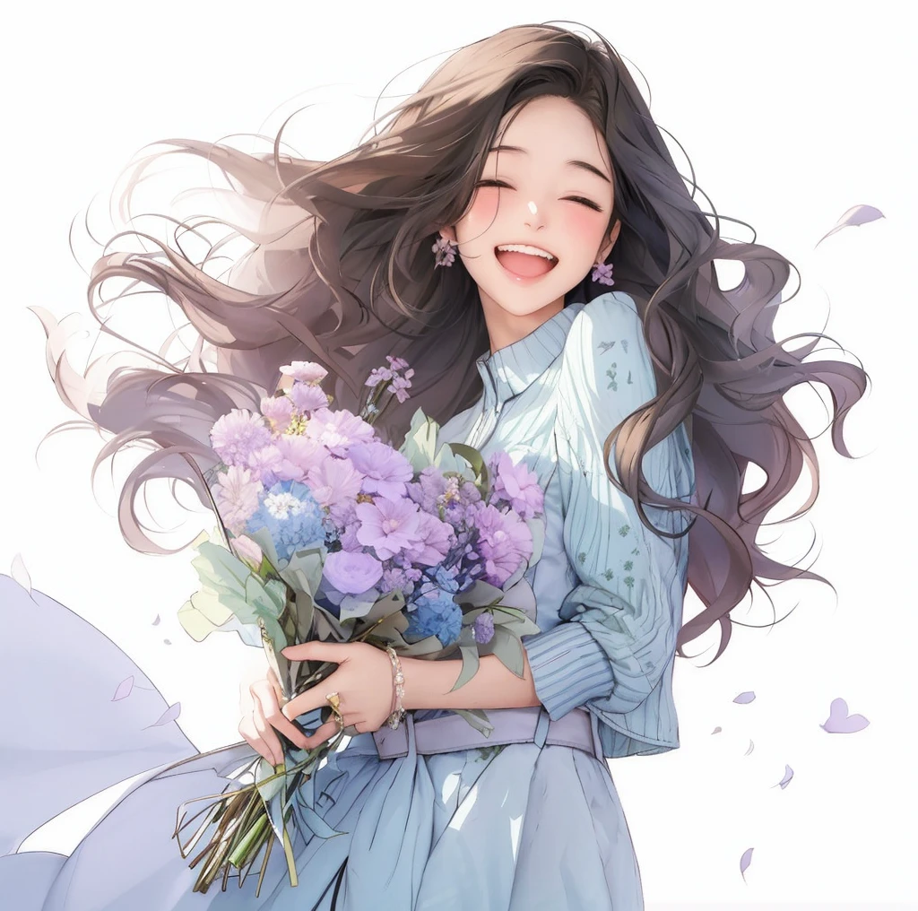 Anime girl with flowers in her hands,With a smile on his face, with flowers, Guviz, she expressing joy, beautiful and smiling, laughing sweetly, Lovely smile, with a beautifull smile, Middle metaverse, by Yang J, Happy and cheerful look, and she smiling,Very happy, Guviz-style artwork